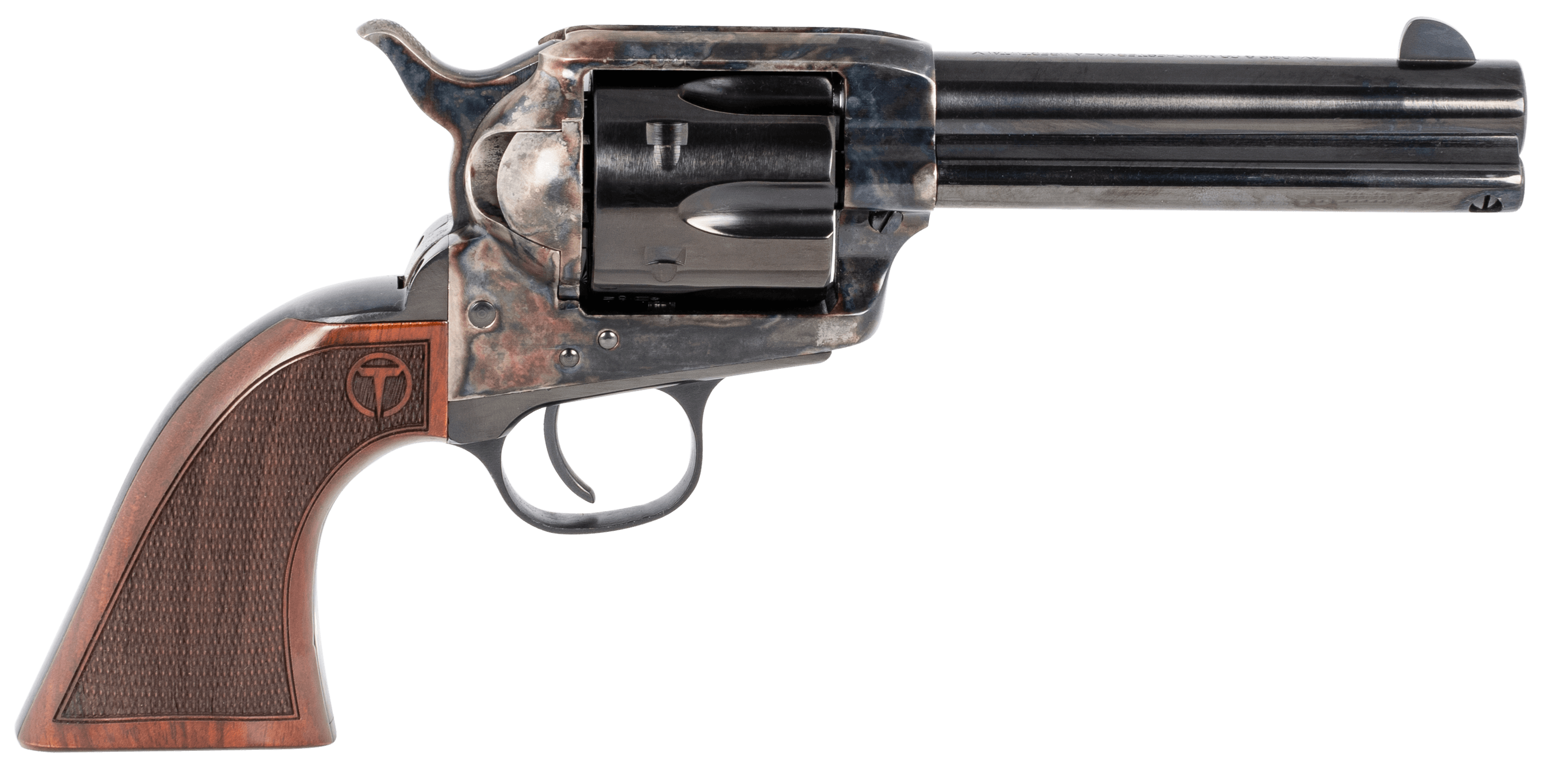 Taylors & Company 550180 Smoke Wagon  357 Mag Caliber with 4.75" Blued Finish Barrel, 6rd Capacity Blued Finish Cylinder, Color Case Hardened Finish Steel Frame & Checkered Walnut Grip