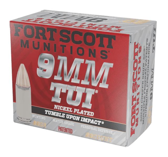Fort Scott Munitions 9MM080SCVNIC Tumble Upon Impact (TUI)  9mmLuger 80gr Solid Copper Spun 20 Rounds