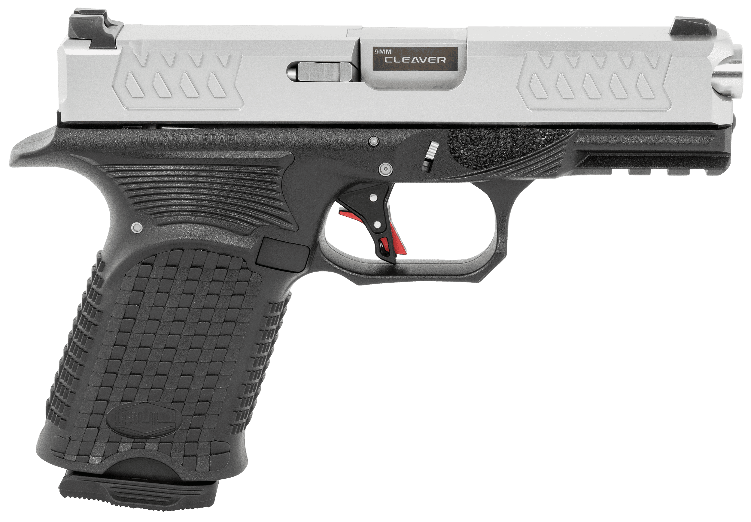 Bul Armory AXECCLEVSLV9US Axe Cleaver Compact 9mm Luger 15+1, 4.02" Stainless Steel Barrel, Silver Serrated Stainless Steel Slide, Black Polymer Frame w/Beavertail & Picatinny Rail, Ambidextrous