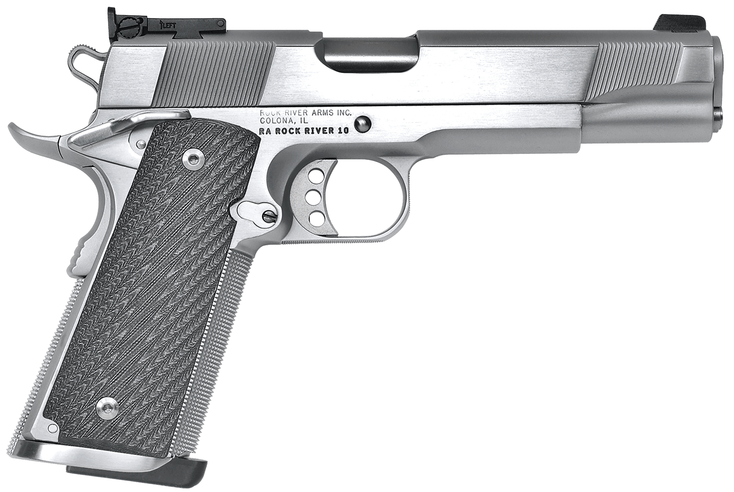 Rock River Arms PS2400 PS2400 Limited Match 45 ACP 7+1, 5" Stainless National Match Barrel, Brushed Chrome Serrated Steel Slide & Frame w/Beavertail, Black G10 Grip, Ambidextrous