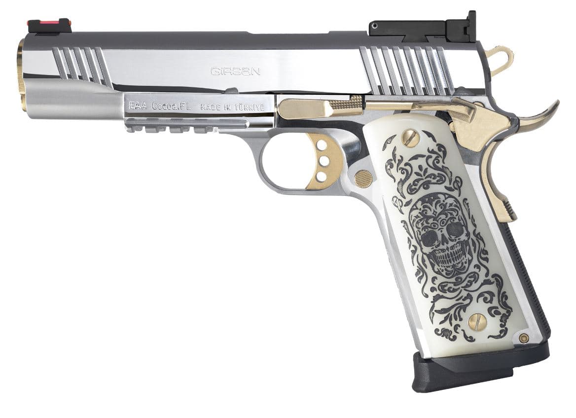 European American Armory MC1911S Liberador 9mm 5 Inch 9 Rounds Stainless Steel Gold Engraved Grips