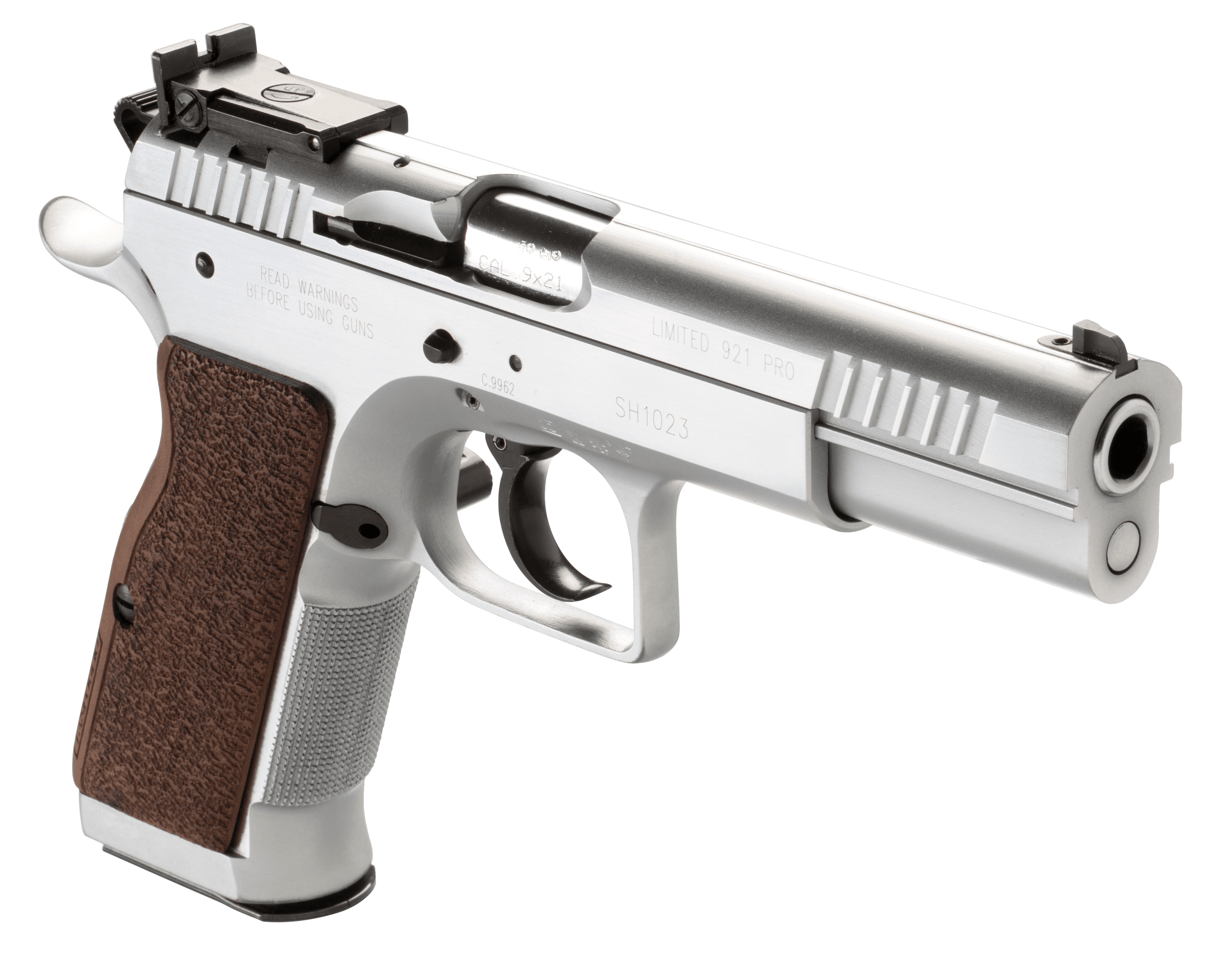 Tanfoglio IFG TF-LIMPRO-9SF Defiant Limited Pro 9mm Luger Caliber with 4.80" Barrel, 16+1 Capacity, Overall Hard Chrome Finish Steel, Beavertail Frame, Serrated Slide & Brown Polymer Grip