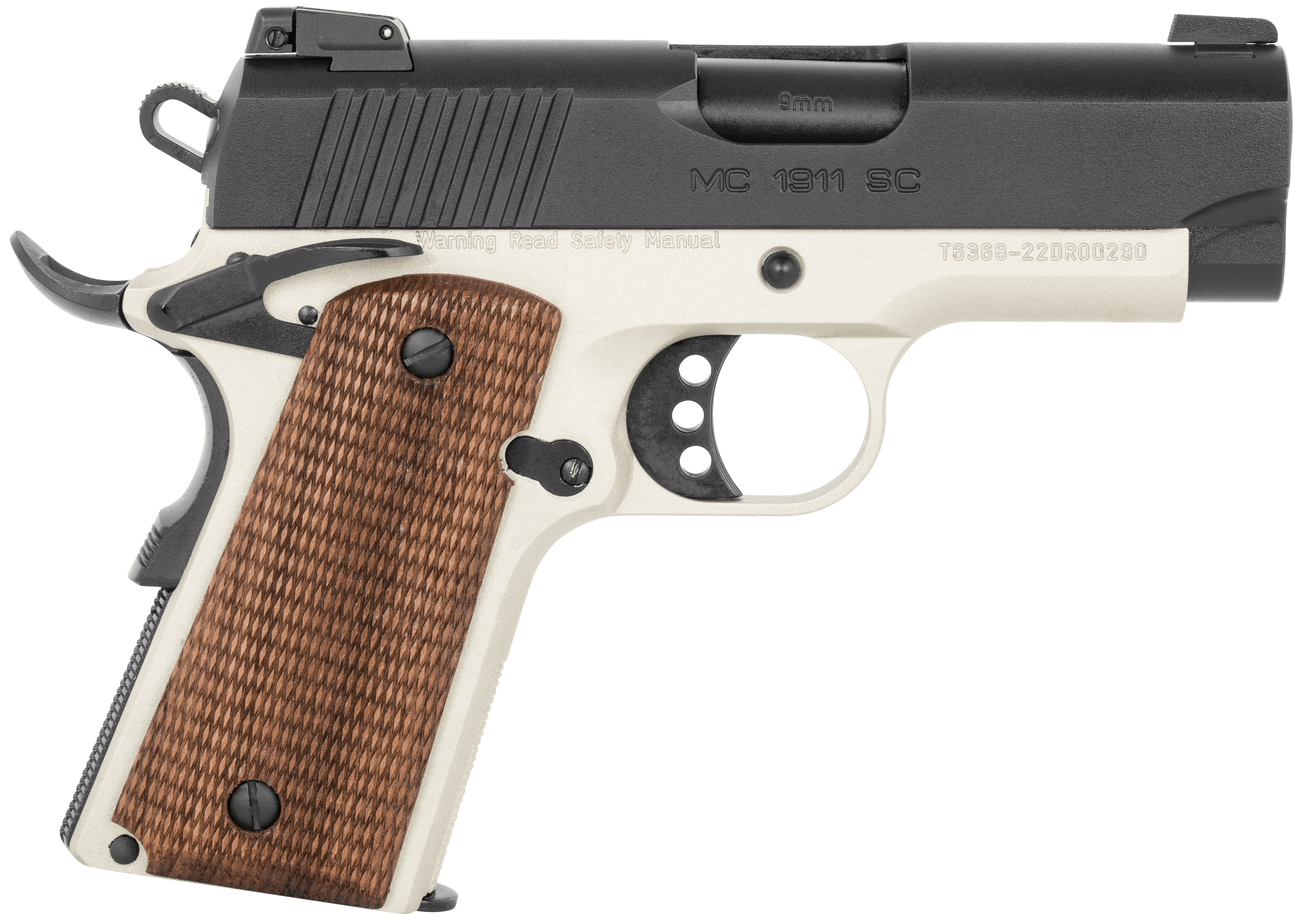 EAA GIRSAN 390046 MC1911 SC  Compact 9mm Luger 7+1 3.40" Black Steel Barrel, Black Serrated Slide, Stainless w/Black Controls Aluminum Frame w/Beavertail, Checkered Laminate Grips Ambidextrous
