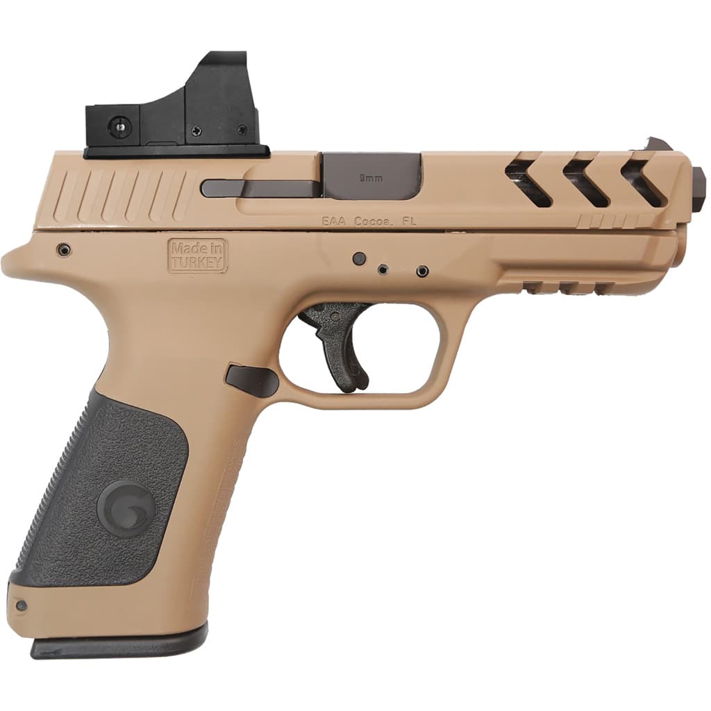 Girsan 390140 MC28 SA 9mm Luger 4.25" 17+1 Overall Flat Dark Earth Finish with Serrated  with Optic Cut Slide, Black Interchangeable Backstrap Grip & Picatinny Rail Includes Red Dot