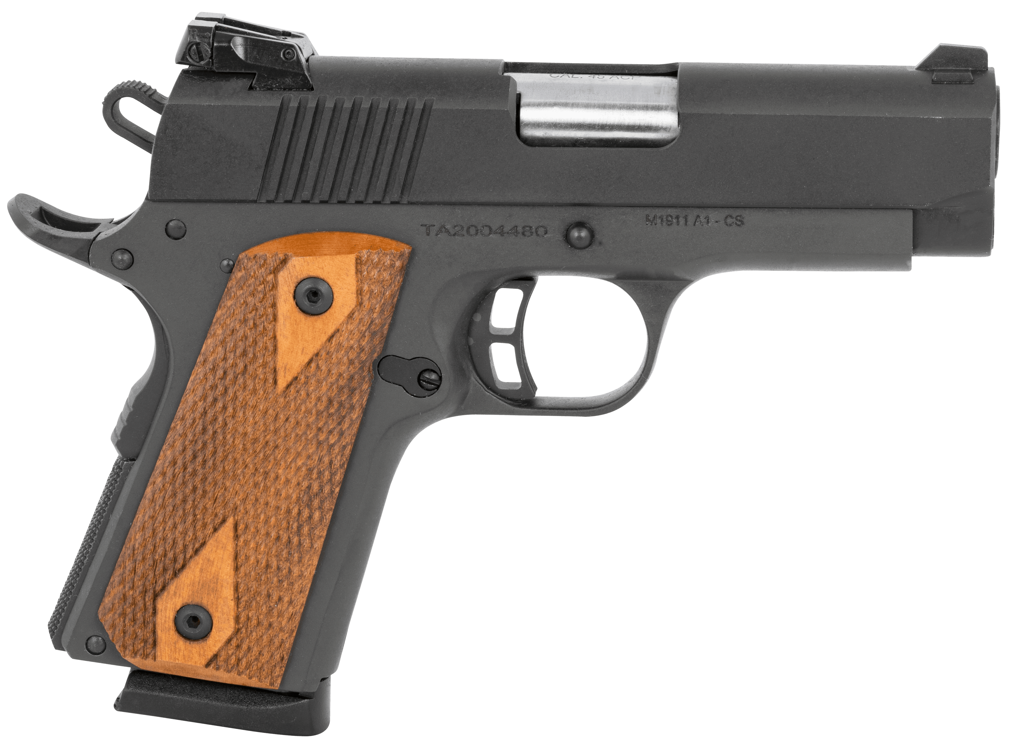 Taylors & Company 230008 1911 Compact 45 ACP Caliber  with 3.63" Barrel, 7+1 Capacity, Overall Black Parkerized Finish, Beavertail Frame, Checkered Walnut Grip