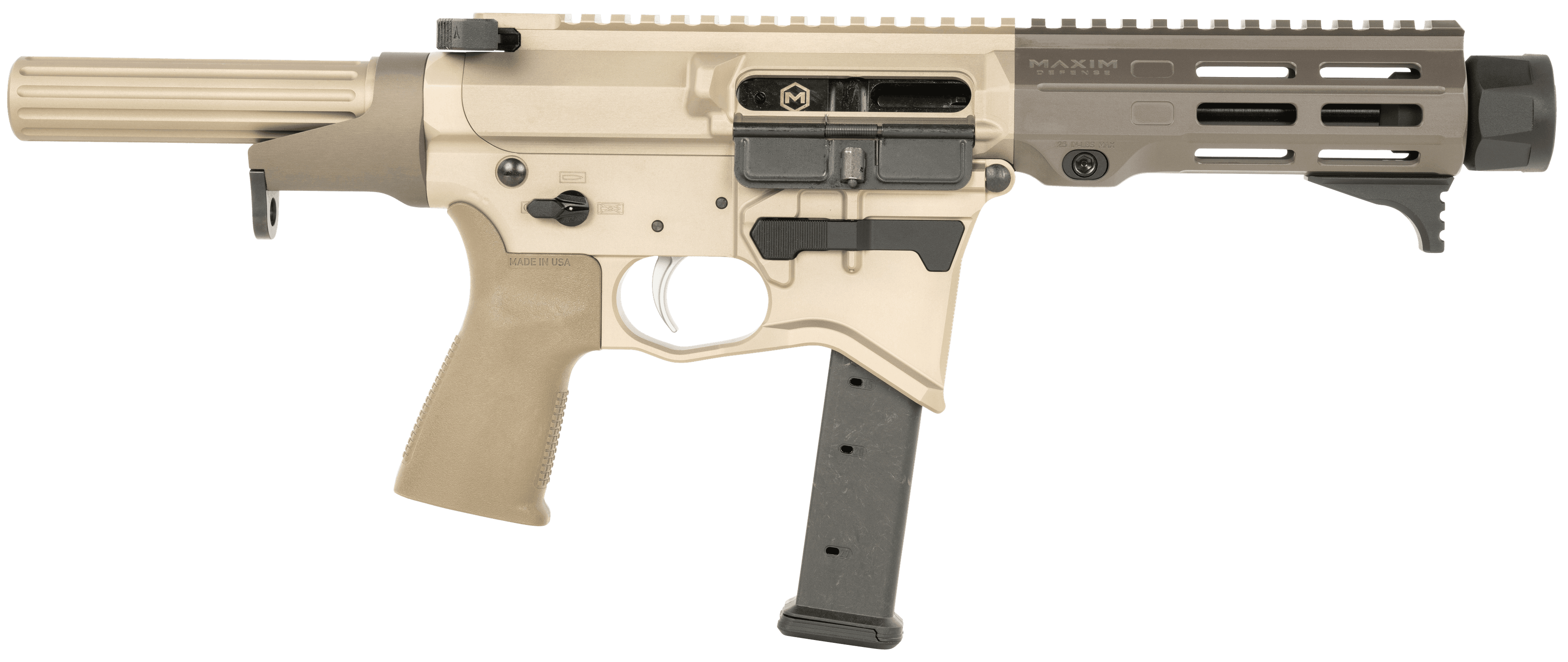 Maxim Defense MXM48173 CPS MD9 9mm Luger Caliber with 5.50" Barrel, Arid Brown Anodized Metal Finish, Black Maxim CQB Brace & Polymer Grip