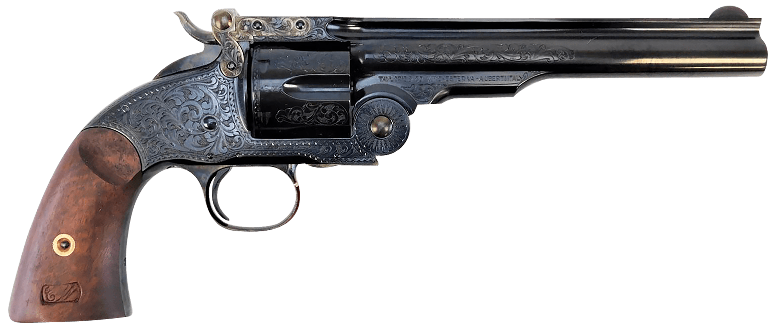 Taylors & Company 550644 Top Break Schofield 45 Colt (LC) 6rd 7" Blued Engraved Steel Walnut Grip