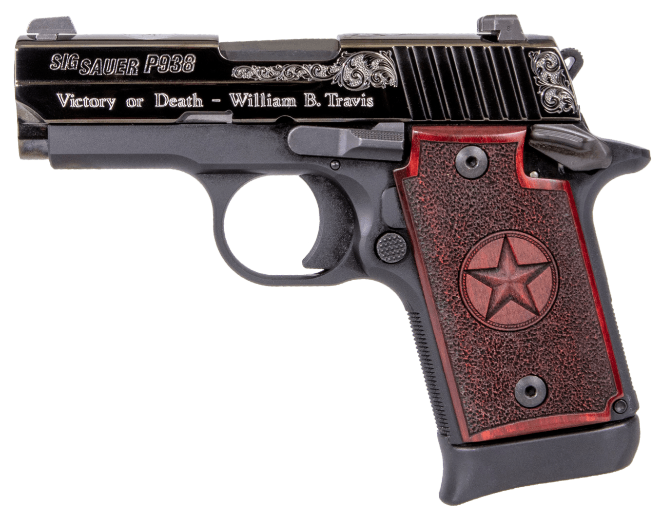 Sig Sauer P938 Texas Engraved 9mm 3 Inch 7 Rounds Silver Redwood Night Sights