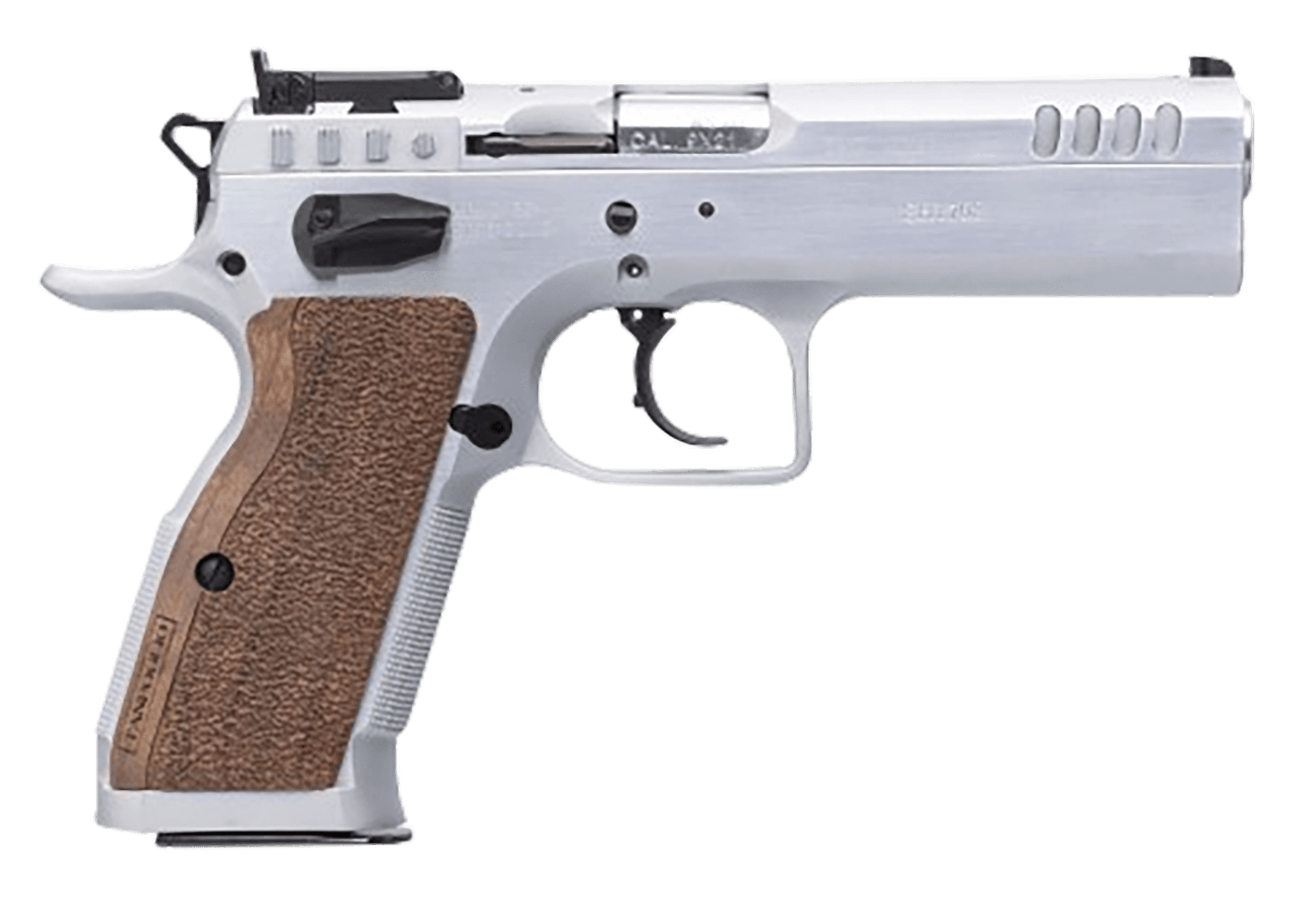 Tanfoglio IFG TFSTOCK240 Stock II Competition 40 S&W 12+1/16+1, 4.44" Stainless Polygonal Rifled Barrel, Stainless Ported/Serrated Slide, Stainless Steel Frame, Brown Polymer Grip