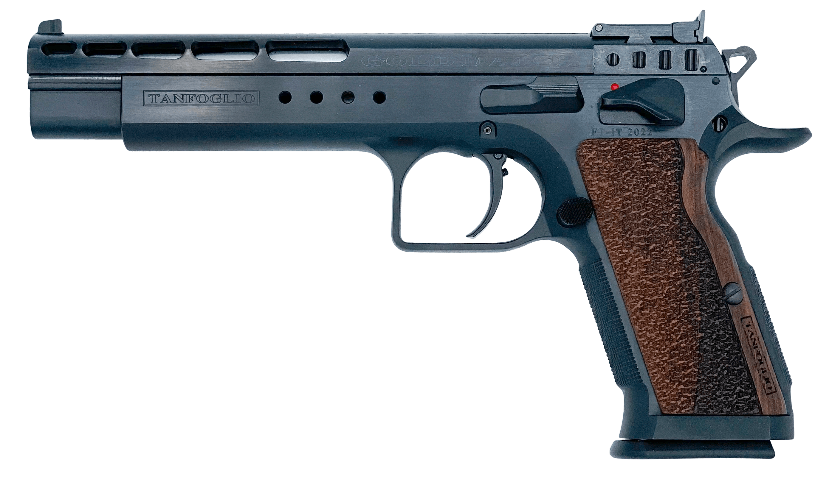 Tanfoglio TFGOLDM45 Gold Match  45 ACP 10+1 6" Black Steel Barrel, Matte Black Ported Steel Slide, Matte Black Steel Frame w/Beavertail, Wood Grip