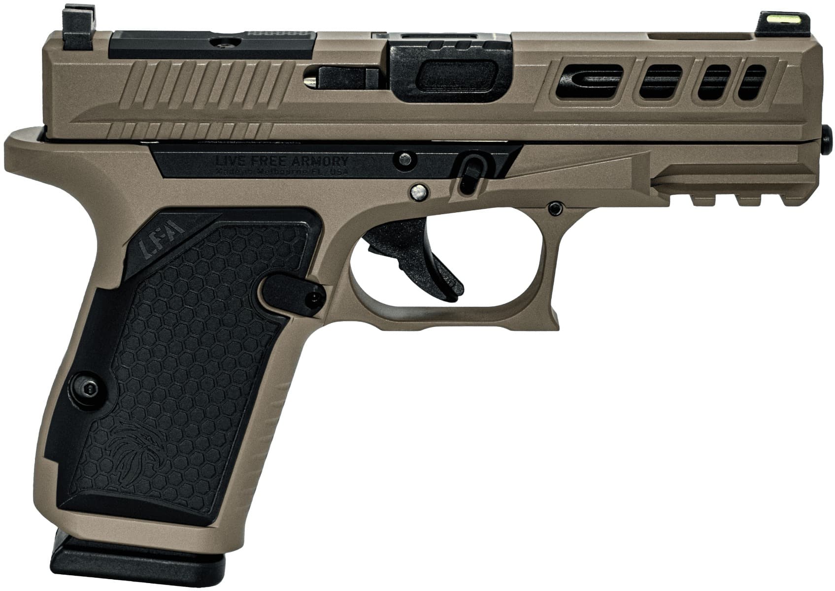 Live Free Armory AMP Compact Pistol - FDE | 9mm | 3.9" Fluted Barrel | 15rd | Optic Cut