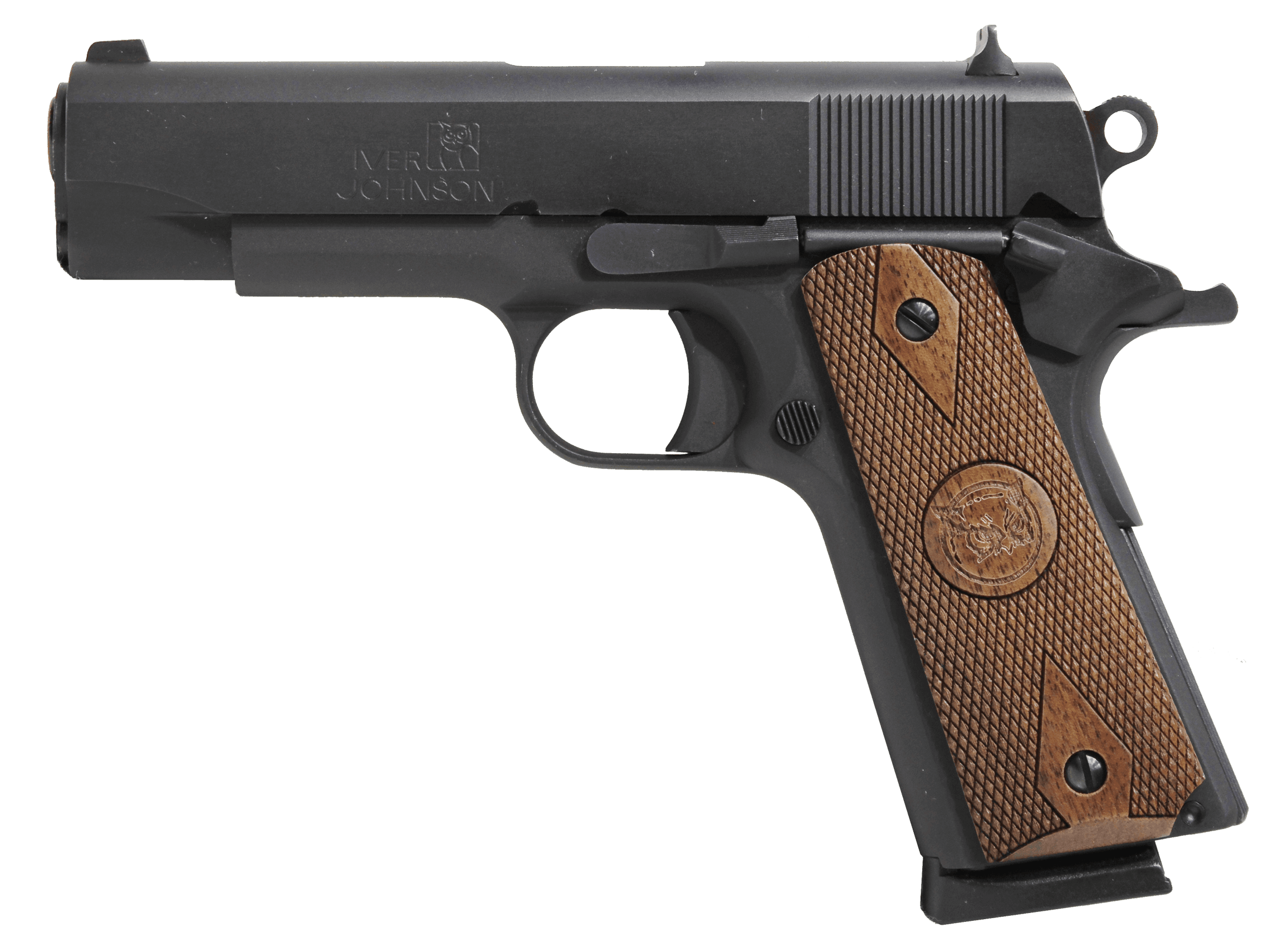 Iver Johnson Arms FALCON Falcon Commander 45 ACP 8+1 4.25" Black Steel Barrel, Matte Blued Serrated Steel Slide, Blued Steel Frame w/Beavertail, Checkered Double Diamond Walnut Grip