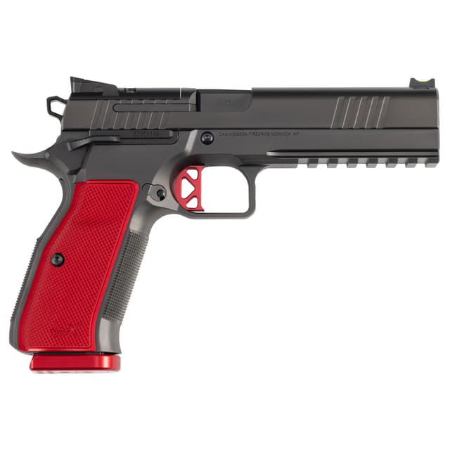 Dan Wesson 92003 DWX 9mm Luger 19+1 4.95" Black Match Grade Barrel, Black DLC Optics Ready Serrated Steel Slide, Black Aluminum Frame w/Beavertail & Picatinny Rail, Red Textured Aluminum Grip