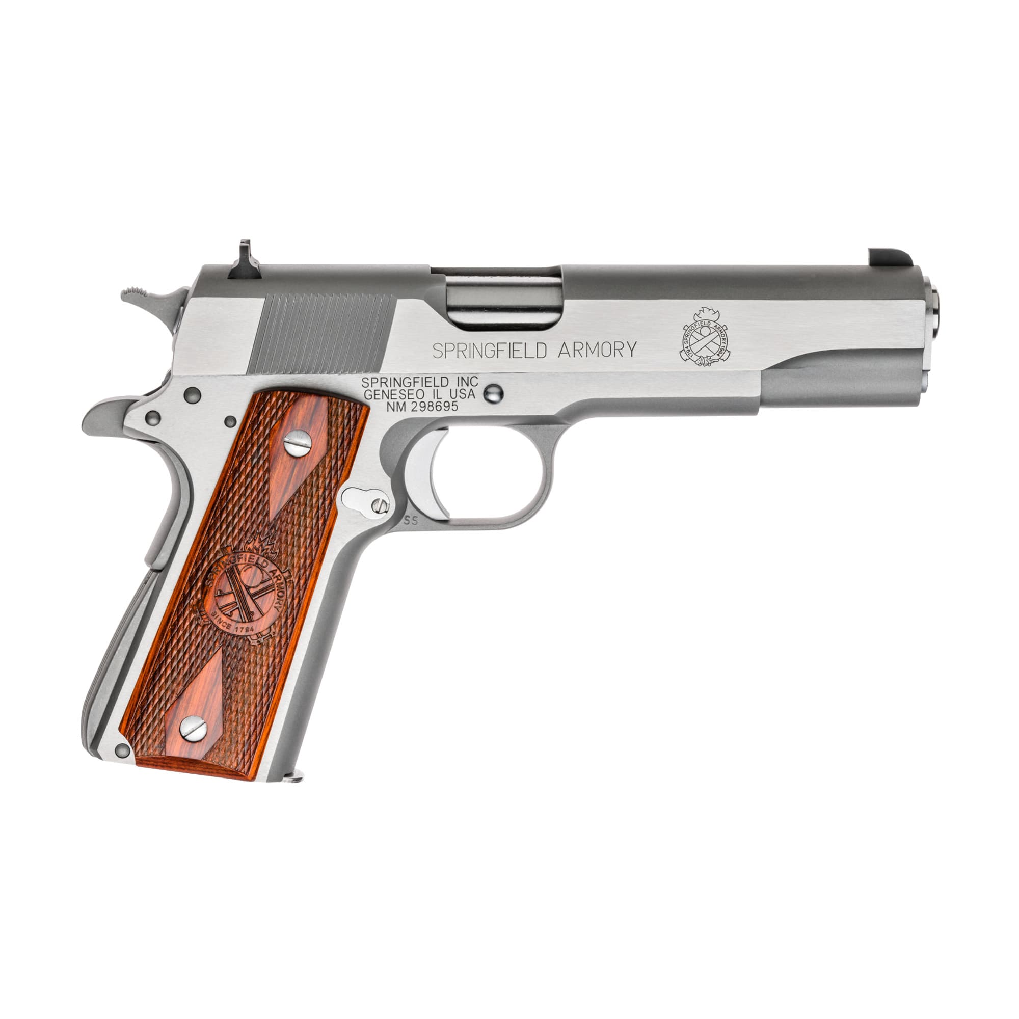 Springfield Armory PB9151LCA 1911 Mil-Spec *CA Compliant 45 ACP 7+1, 5" Stainless Match Grade Steel Barrel, Serrated Stainless Steel Slide & Frame w/Beavertail, Crossed Cannon Cocobolo Grip