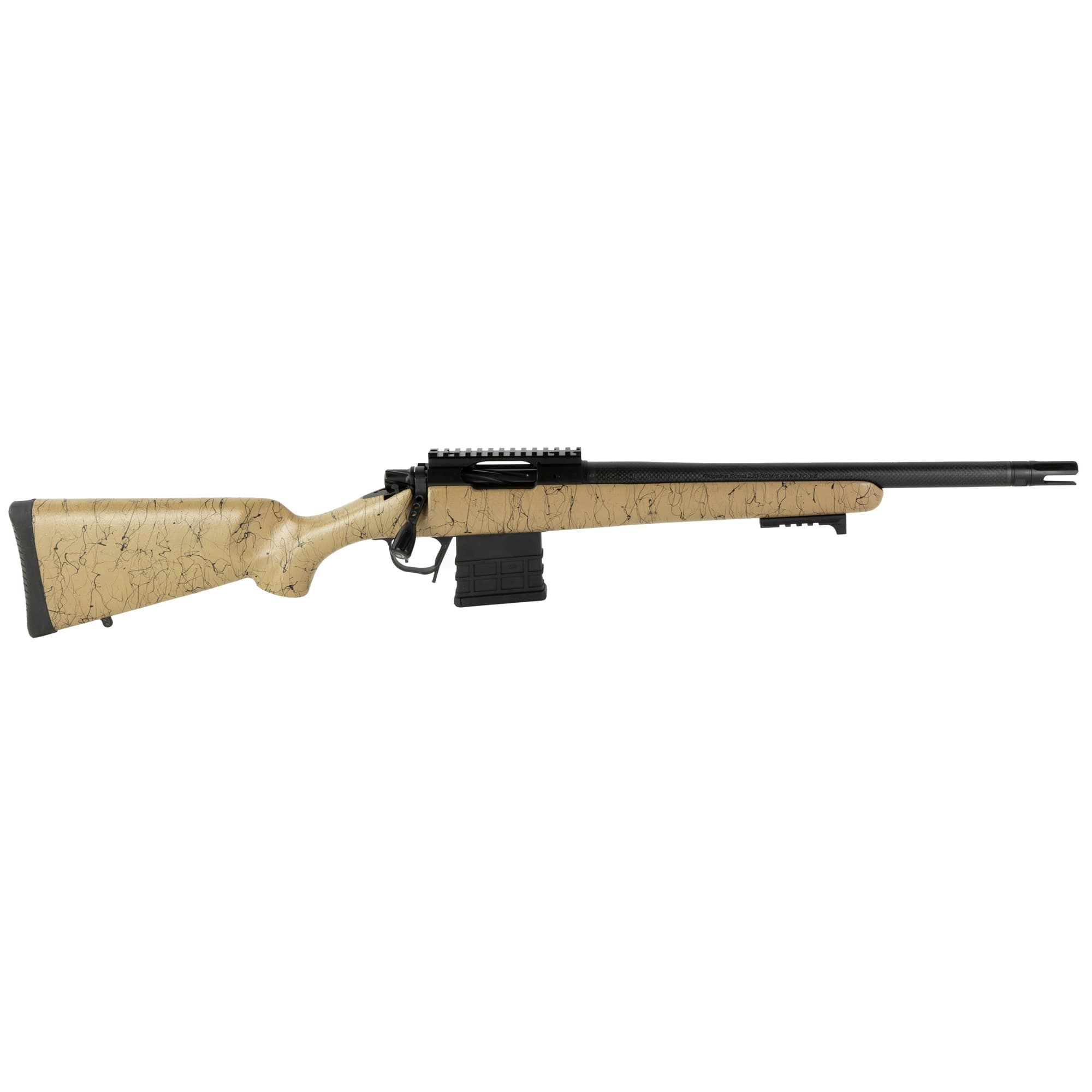 Christensen Arms 8010612000 Ridgeline Scout Full Size 308 Win 4+1, 16" Black Nitride Steel Threaded Barrel, Black Nitride Aluminum Receiver, Tan w/Black Webbing Fixed Sporter Stock