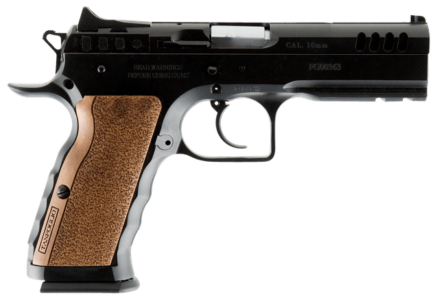 Tanfoglio IFG TFSTOCKI10 Defiant Stock I 10mm Auto Caliber with 4.50" Barrel, 13+1 Capacity, Overall Black Finish Steel, Picatinny Rail/Beavertail Frame, Serrated Slide & Wood Grip