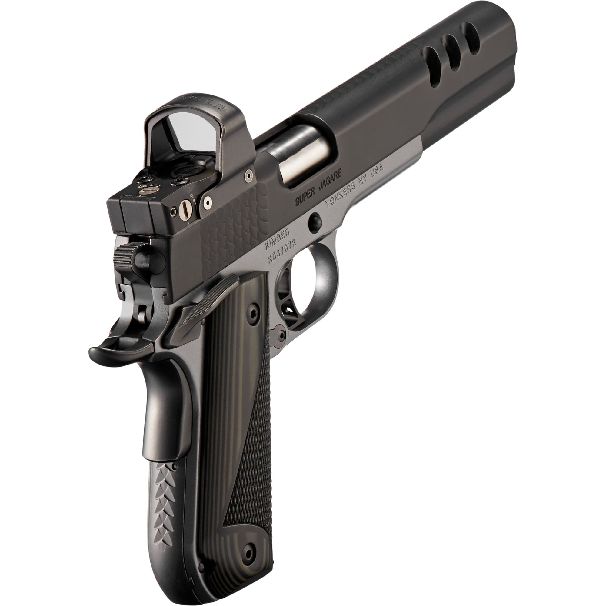 Kimber Mfg, Inc 3000278 Super Jagare w/Optic 10mm Auto 8+1 6" Stainless Match Grade Barrel, Diamond Carbon Coating Ported/Serrated Stainless Steel Slide, Kimpro II Gray Micarta Grip, Delta Pro Red Dot