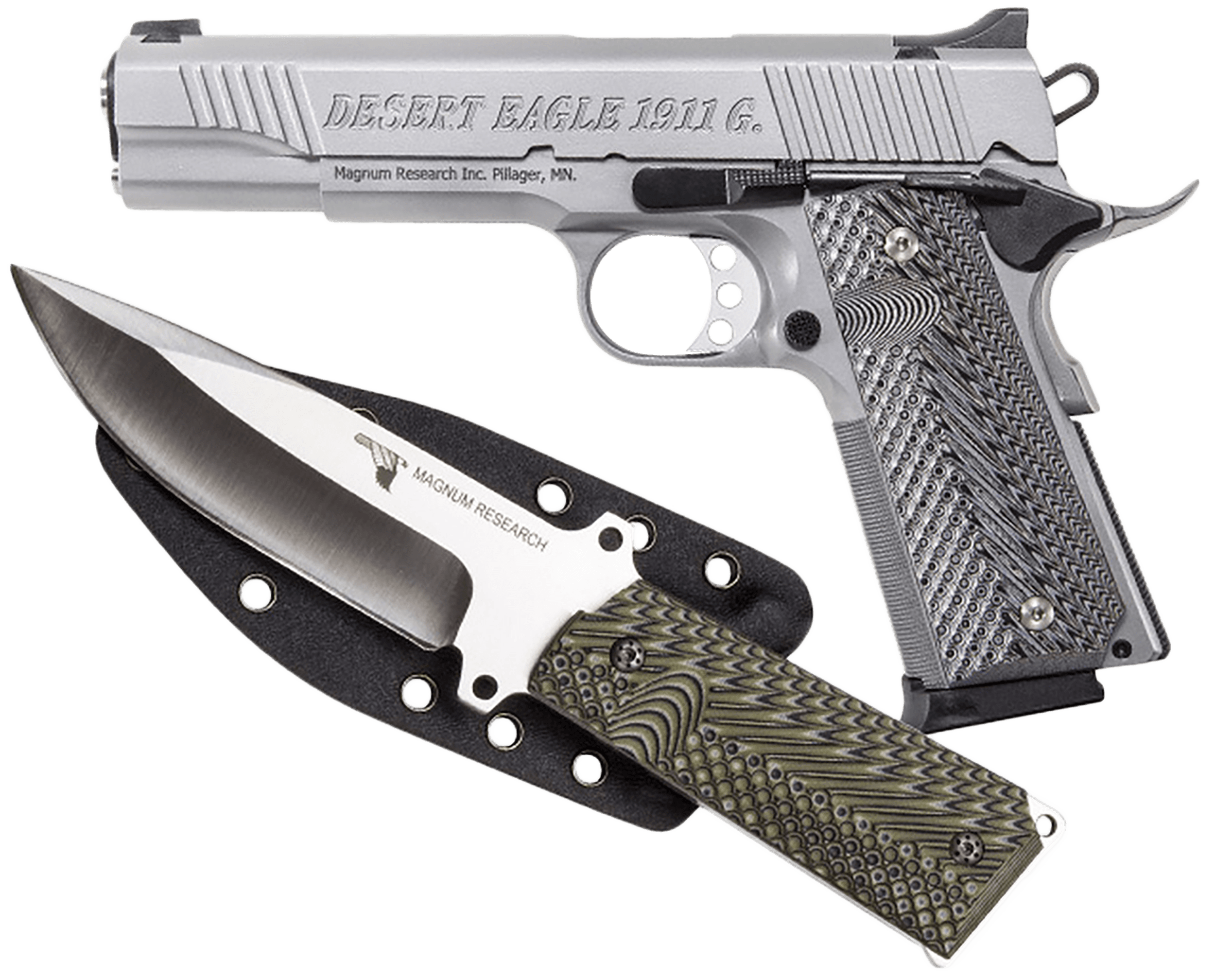 Magnum Research DE1911GSS-K Desert Eagle 1911  w/ 1911 Fixed Blade Knife 45 ACP 8+1 5.01" Stainless Steel Slide Matte Stainless Steel Black/Gray G10 Grip