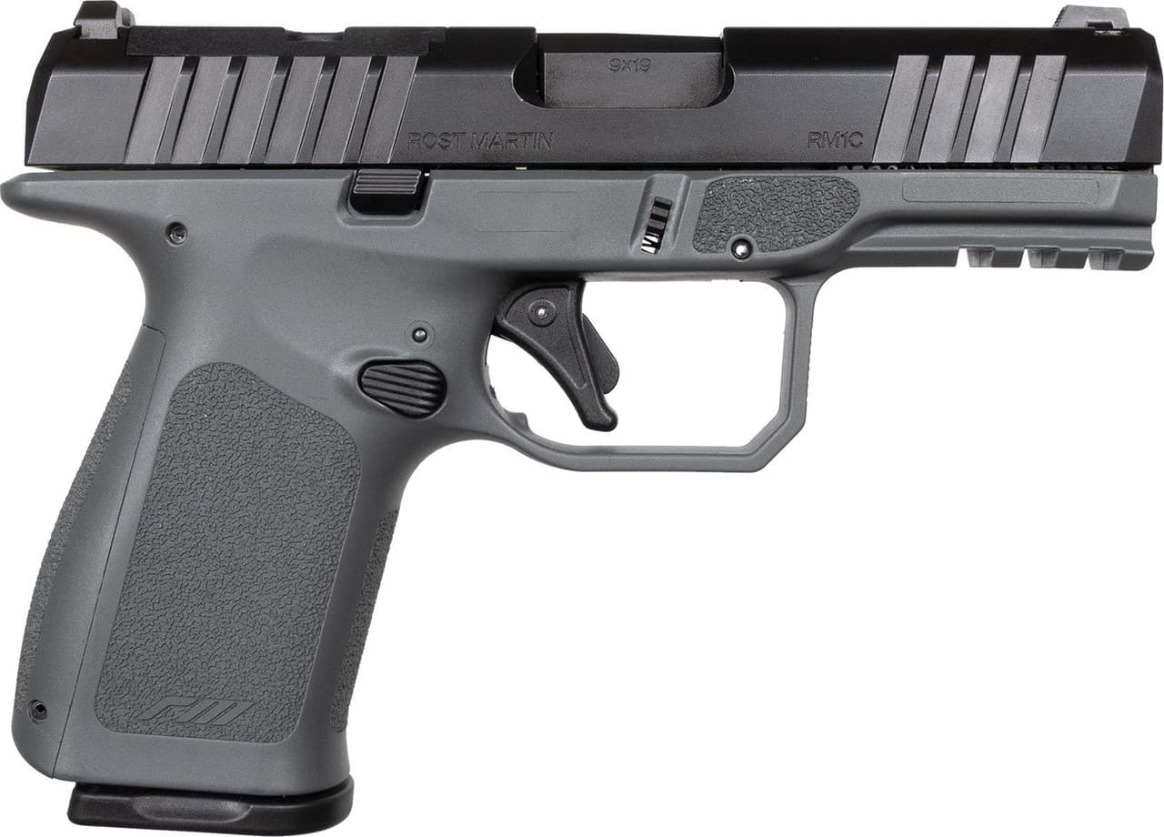 Rost Martin RM1CGRYOS RM1C  Compact Frame 9mm Luger 15+1/17+1 4" Black Steel Barrel, Black Tenifer Optic Ready/Serrated Steel Slide, Stone Gray Polymer Frame w/Picatinny Rail, RGT Grip, Ambidextrous