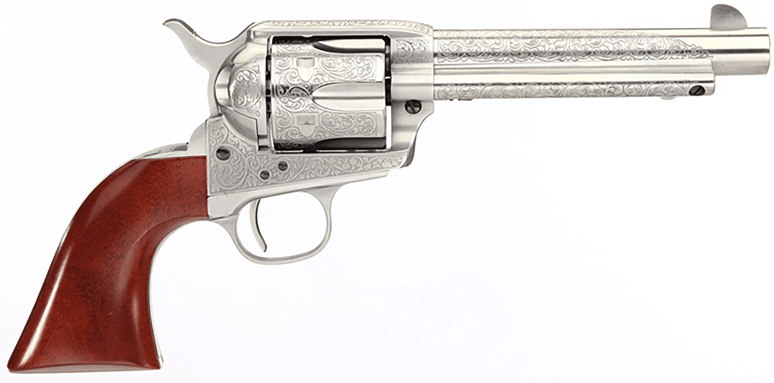 Taylors & Company 550927DE 1873 Cattleman 45 Colt (LC) Caliber with 5.50" Barrel, 6rd Capacity Cylinder, Overall White Floral Engraved Finish Steel, Walnut Navy Size Grip & Overall Taylor Polish