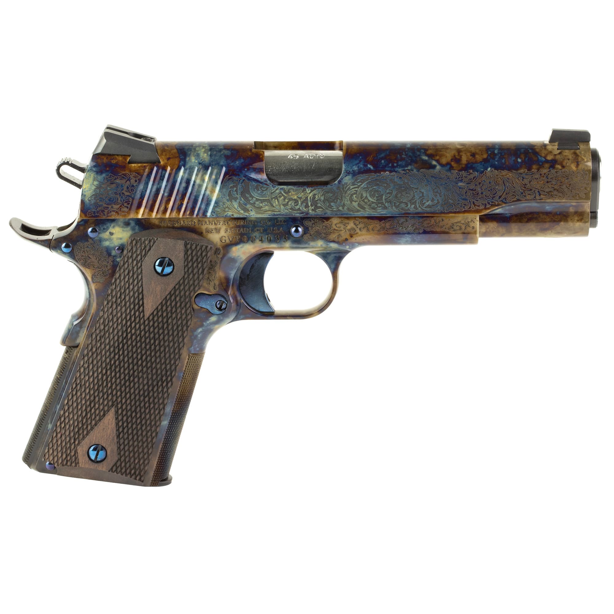 Standard Manufacturing 1911 Pistol - Case Coloring | .45ACP | 5" Barrel | 7rd | Rosewood Grips | Custom Engraved