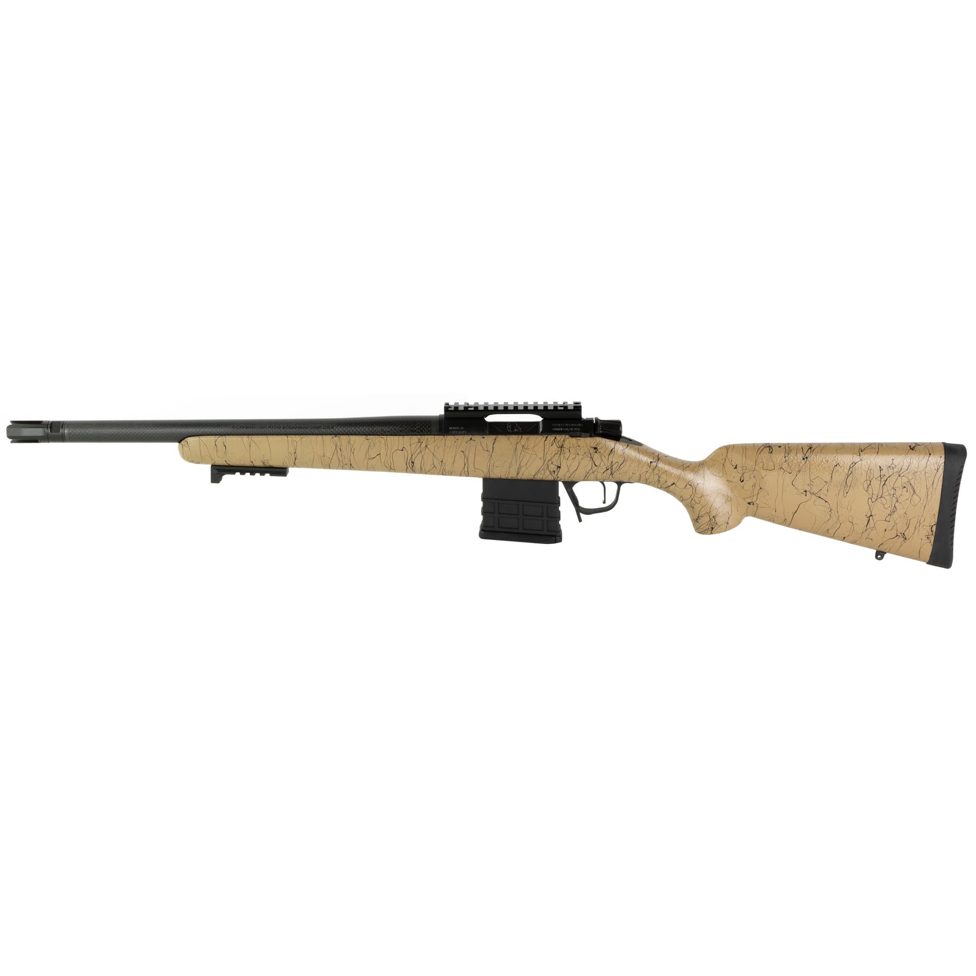 Christensen Arms 8010612200 Ridgeline Scout Full Size 223 Rem 4+1, 16" Black Nitride Steel Threaded Barrel, Black Nitride Aluminum Receiver, Tan w/Black Webbing Fixed Sporter Stock
