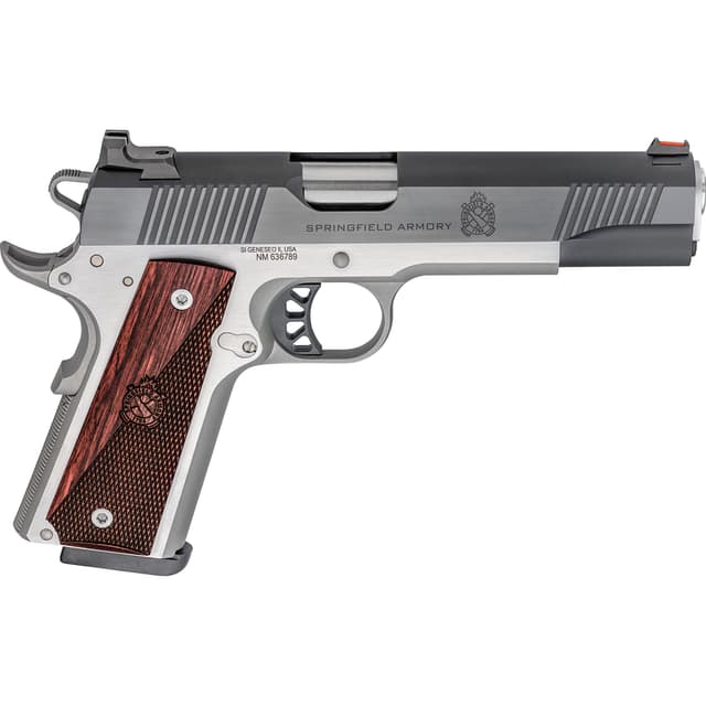 Springfield Armory PX9121L 1911 Ronin 10mm Auto 8+1, 5" Stainless Match Grade Steel Barrel, Blued Serrated Carbon Steel Slide, Stainless Steel Steel Frame w/Beavertail, Crossed Cannon Wood Grip