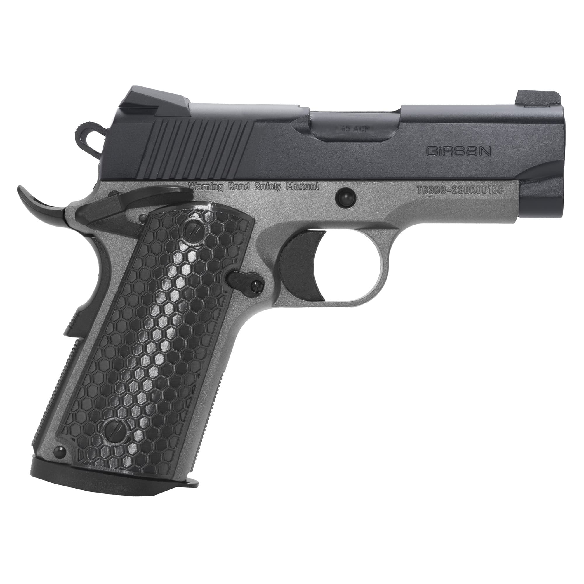 Girsan 392052 MC1911 SC Untouchable Sub-Compact Frame 45 ACP 6+1 3.40"  Black Steel Barrel, Black Serrated Steel Slide, Stainless Frame w/Beavertail, Black Polymer Grip