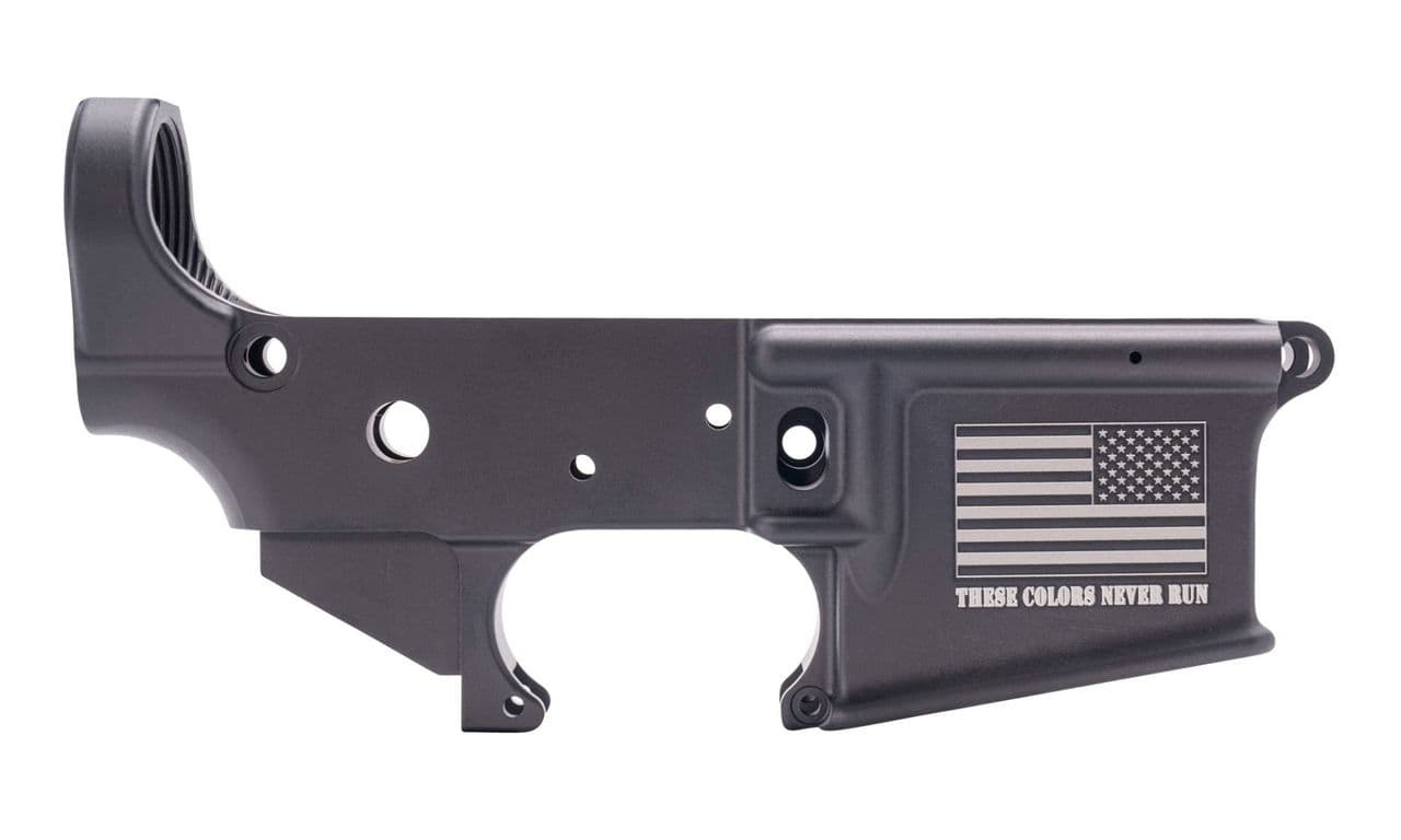 Anderson AM-15 Forged Stripped AR15 Lower Receiver - Black | Flag & "These Colors Never Run" Slogan