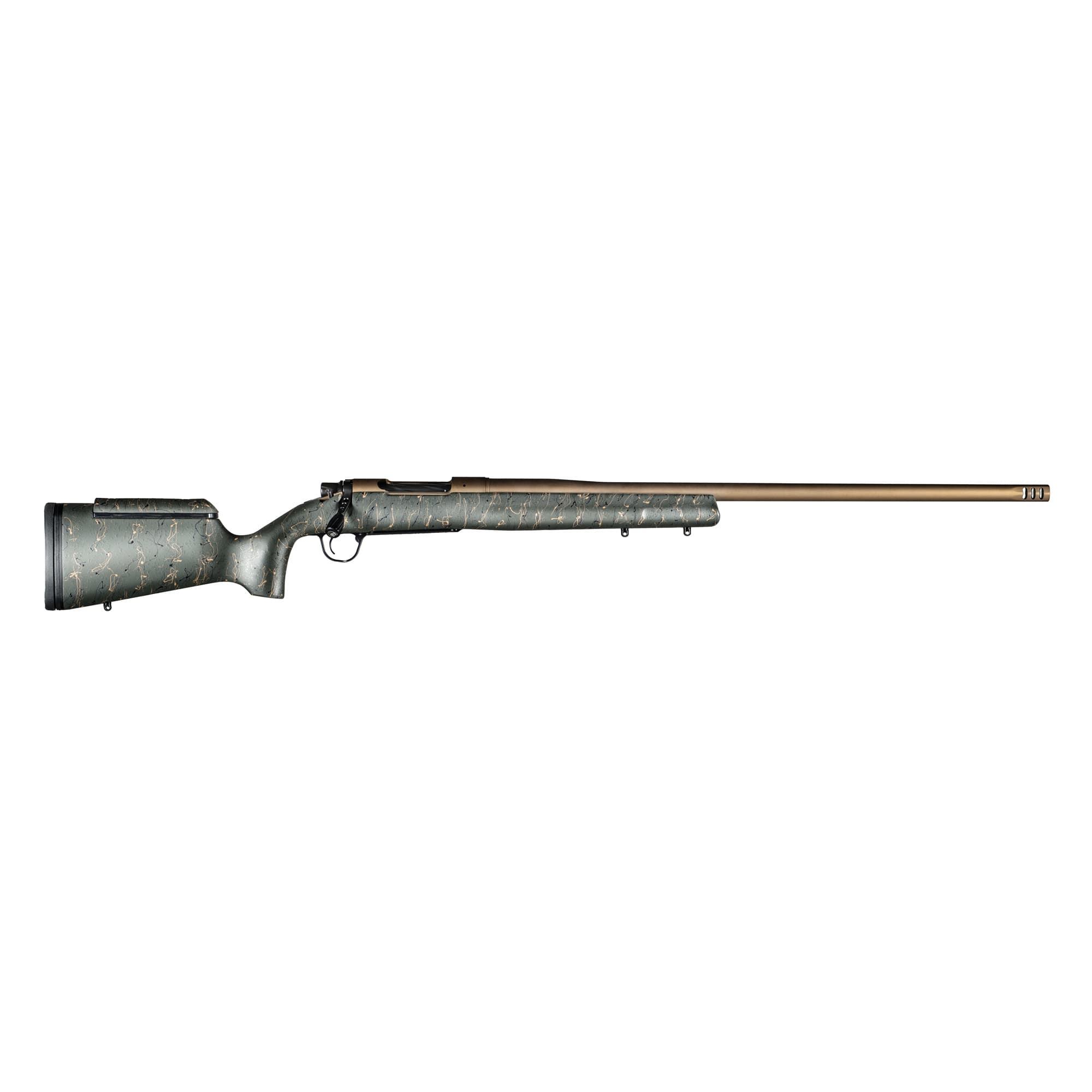 Christensen Arms 8010201400 Mesa Long Range 338 Lapua Mag 3+1 27" Threaded Barrel, Burnt Bronze Cerakote, Green with Black/Tan Webbing Stock