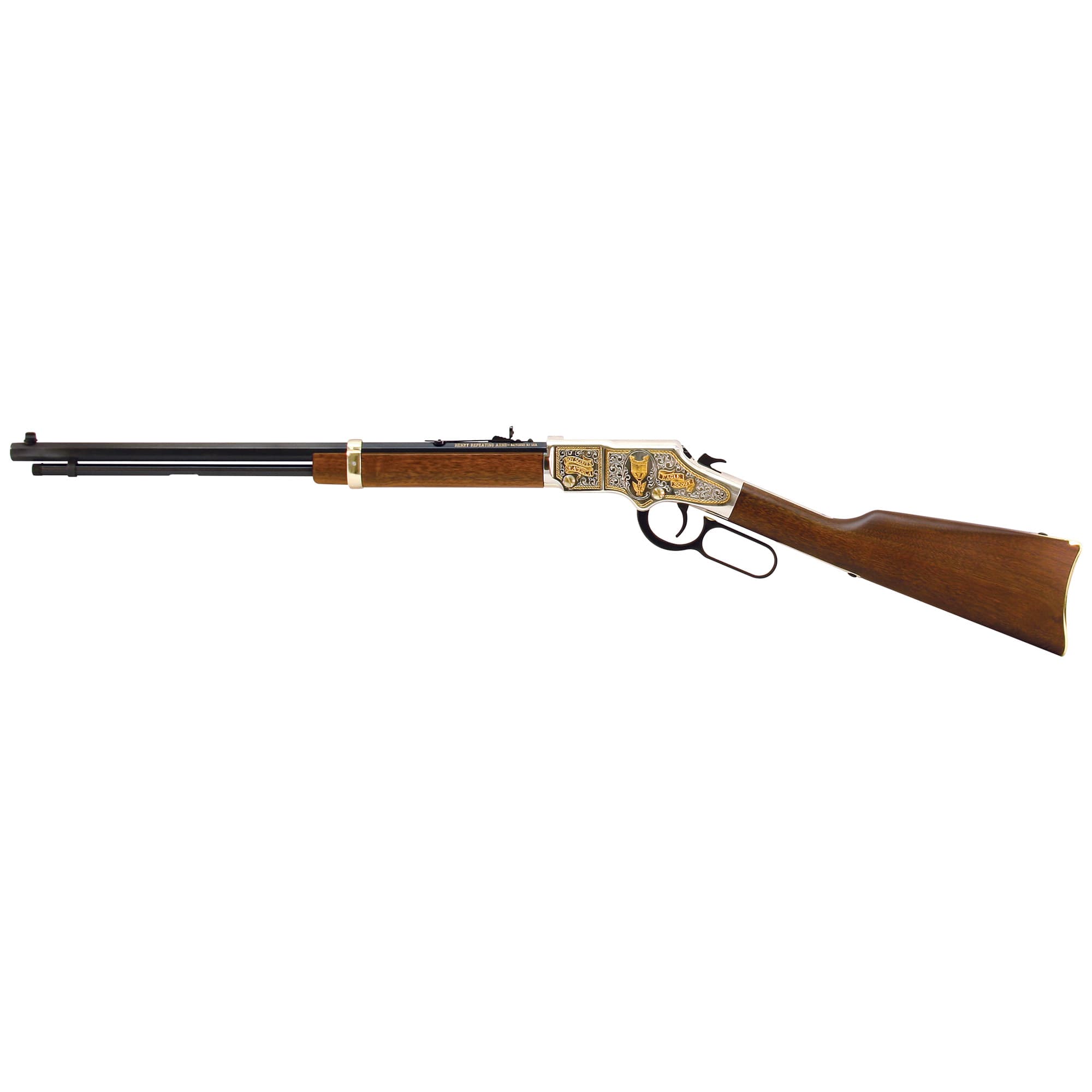Henry H004ES Golden Boy Eagle Scout Tribute Edition 22 Short Caliber with 16 LR/21 Short Capacity, 20" Octagon Barrel, Nickel-Plated Metal Finish & American Walnut Stock Right Hand