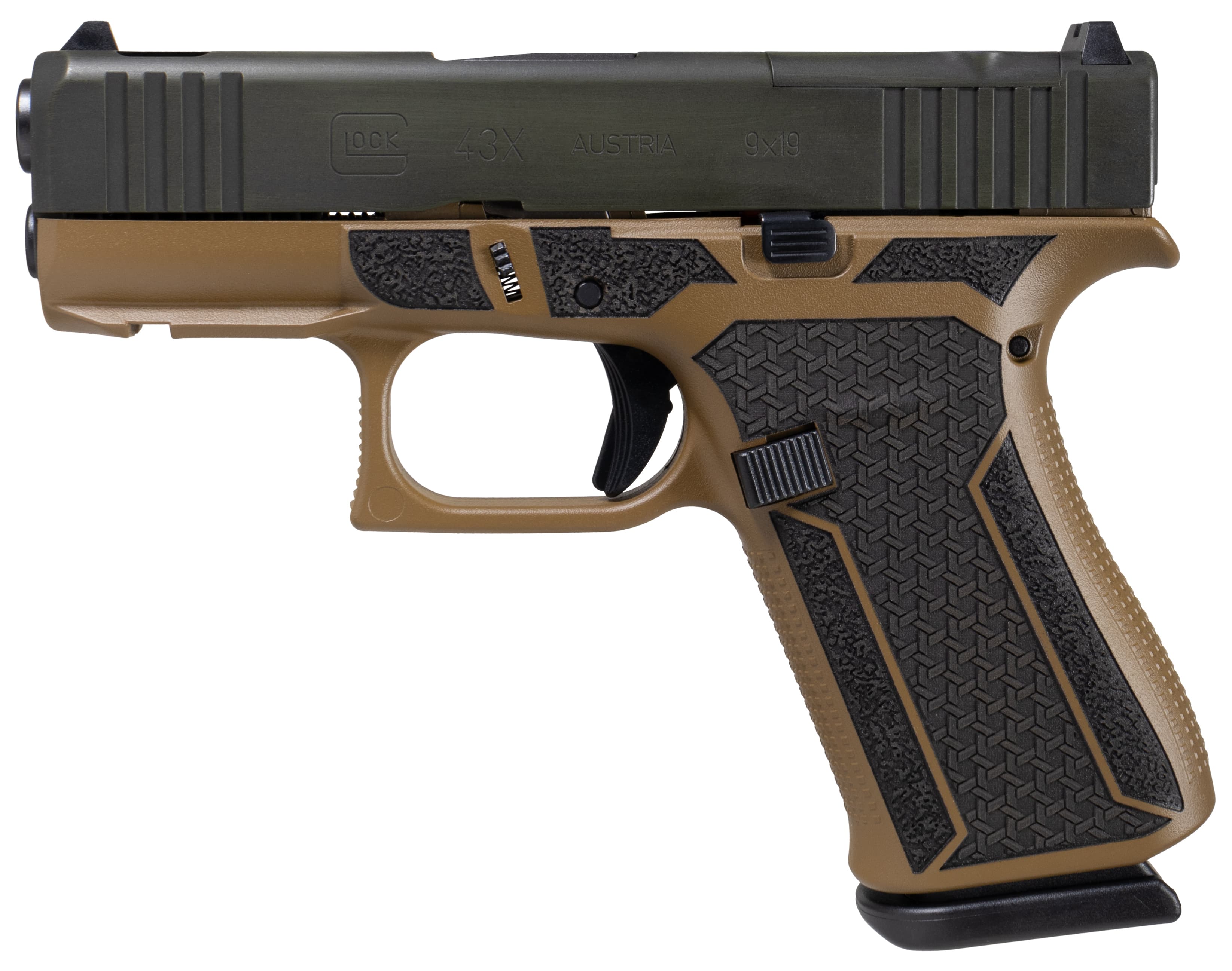 Glock 43X Mos 9mm 3.4in 10rd FDE Cerakote Distressed OD Green Slide
