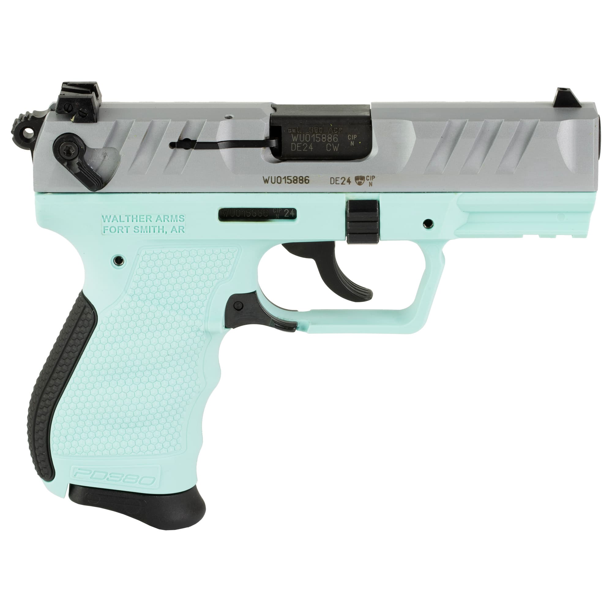 Walther Arms 5050525 PD380  380 ACP 9+1 3.70" Black Steel Barrel, Nickel Serrated Steel Slide, Angel Blue Polymer Frame, Textured Wraparound Grip