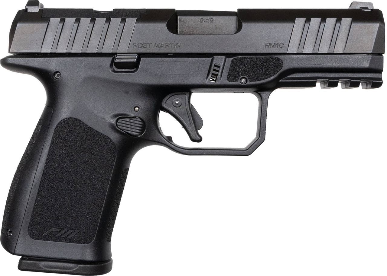 Rost Martin RM1CBLKOS RM1C  Compact Frame 9mm Luger 15+1/ 17+1, 4" Black Steel Barrel, Black Tenifer Optic Ready/Serrated Steel Slide, Black Polymer Frame w/Picatinny Rail, RGT Grip, Ambidextrous