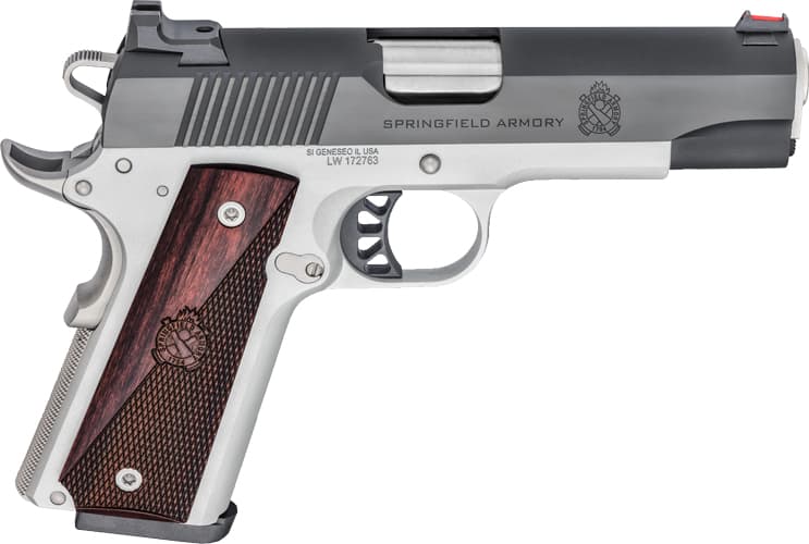 Springfield Armory 1911 Ronin 9mm Luger 4.25 in 9+1 Stainless Barrel Blued Slide Satin Cerakote Frame Crossed Cannon Wood Grips