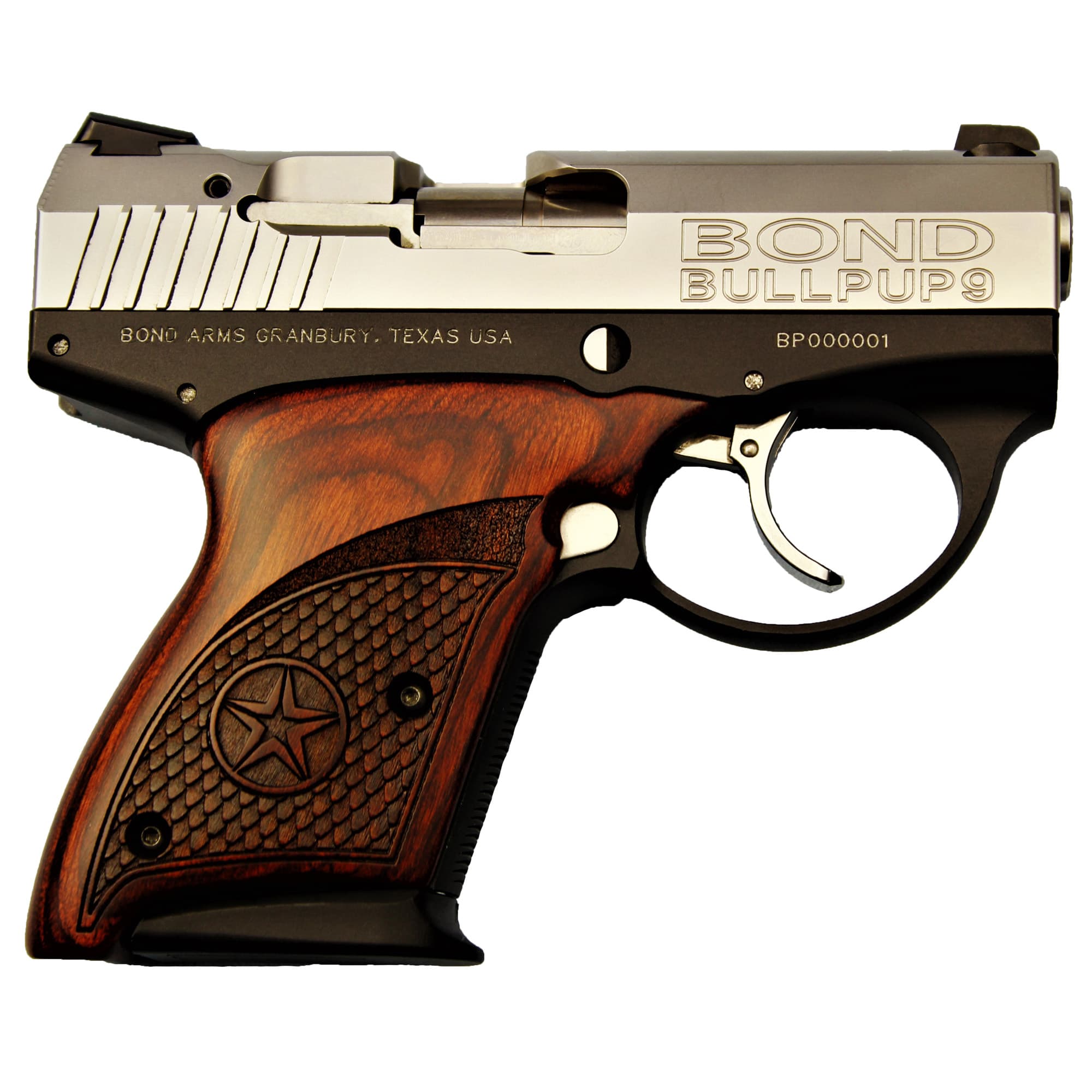 Bond Arms BABP BullPup9  Micro-Compact Frame 9mm Luger 7+1, 3.35" Stainless Steel Barrel, Stainless Serrated Steel Slide, Black Aluminum Frame, Engraved Rosewood Grips
