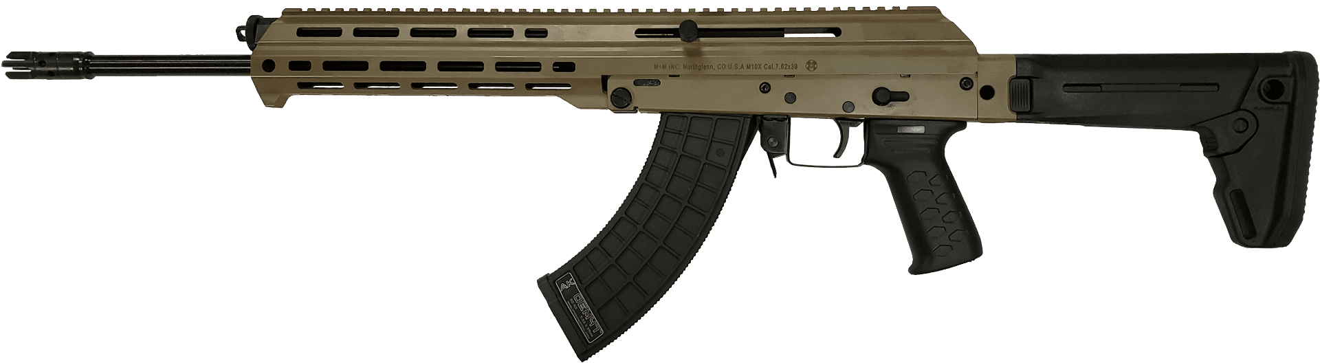M+M Inc M10X AK-47 Rifle - FDE | 7.62x39 | 16.5" Barrel | Left Side Charging Handle | Magpul Zhukov Side-Folding 5-position Collapsible Stock