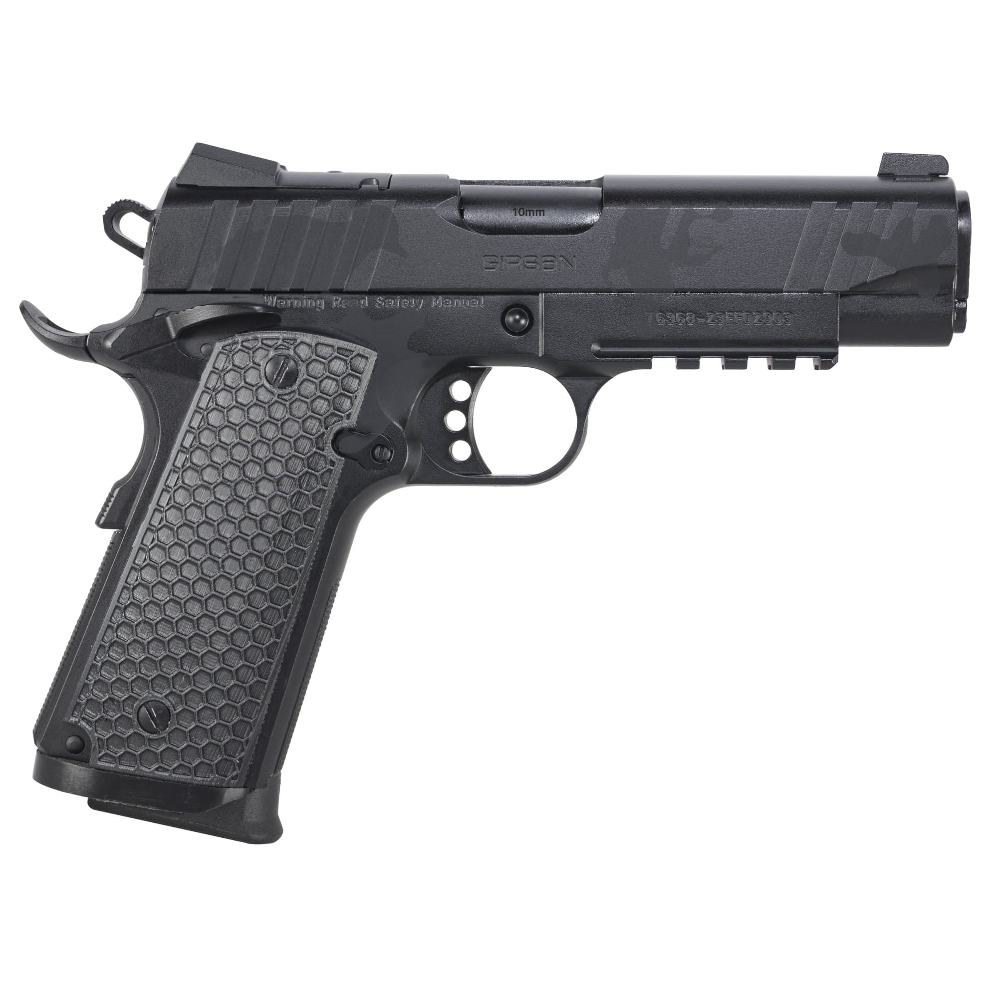 Girsan 391158 MC1911 S Influencer Full Size 10mm Auto 9+1 5" Black Steel Barrel, Black Camo Optic Ready/Serrated Steel Slide & Frame w/Picatinny Rail & Beavertail, Black Polymer Grip