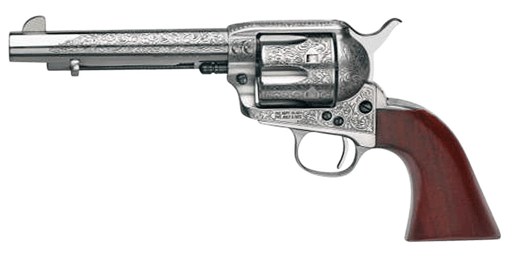 Taylors & Company 550927 1873 Cattleman 45 Colt (LC) Caliber with 5.50" Barrel, 6rd Capacity Cylinder, Overall White Floral Engraved Finish Steel & Walnut Grip