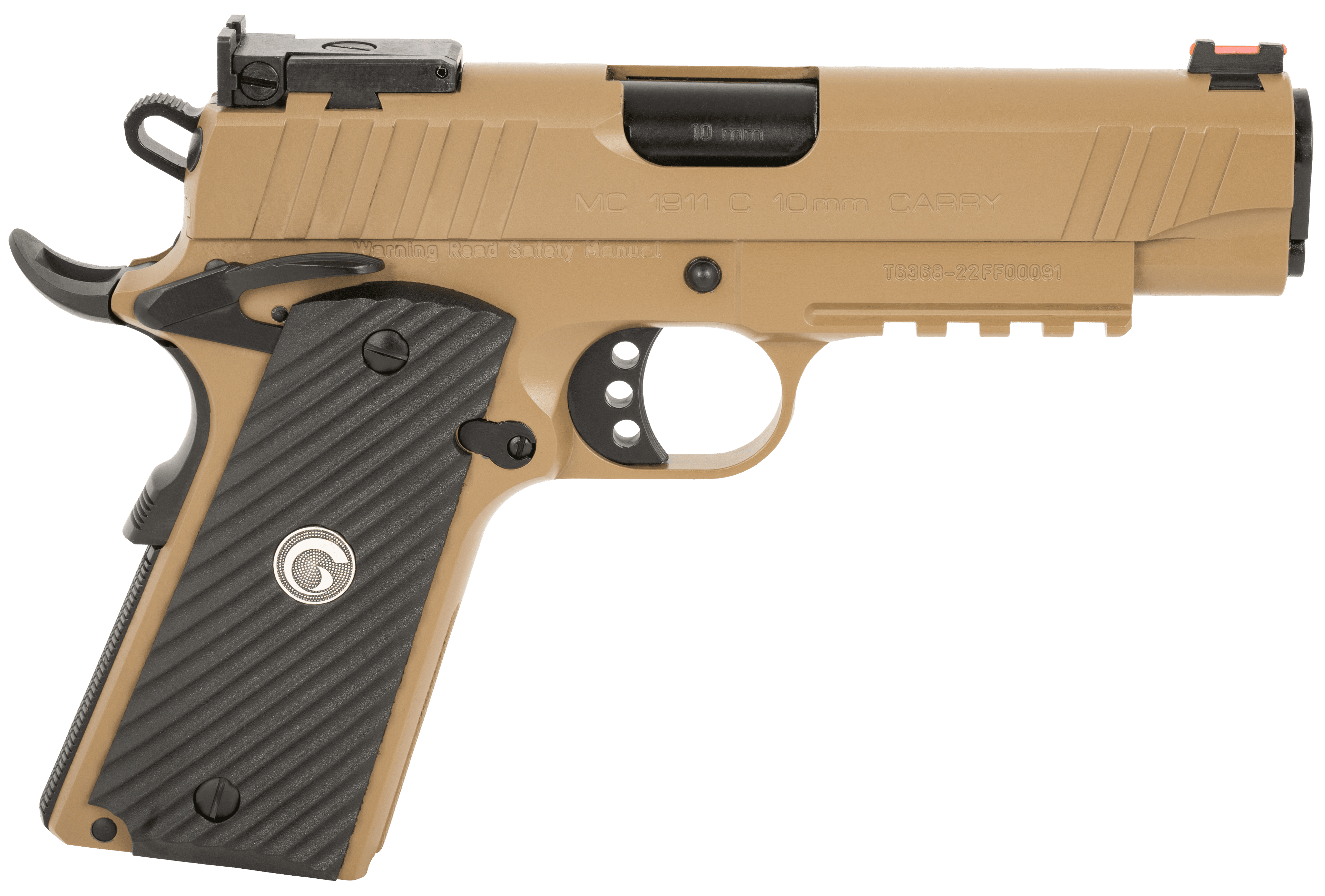 EAA GIRSAN 390607 MC1911 C  Carry Frame 10mm Auto 9+1, 4.40" Black Steel Barrel, Desert Earth Serrated Steel Slide, Desert Earth Steel Frame w/Beavertail & Picatinny Rail, Black Grip, Ambidextrous