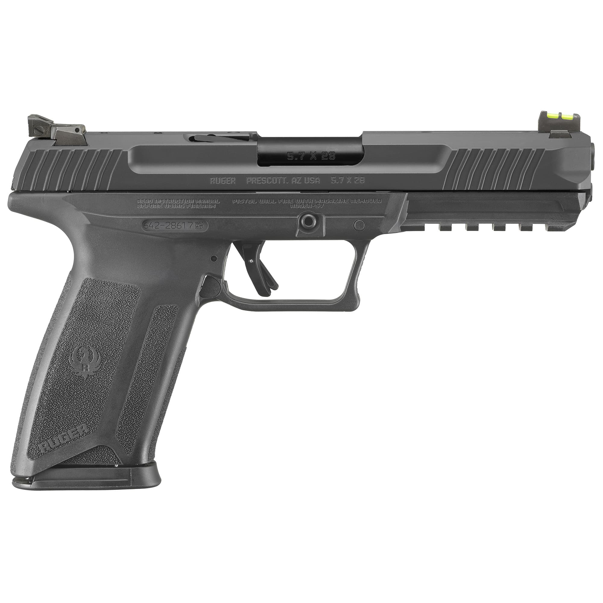 Ruger 16403 Ruger-5.7 Pro 5.7x28mm 20+1 4.94" Black Nitride Alloy Steel Barrel, Black Oxide Optic Cut/Serrated Steel Slide, Black Polymer Frame w/Picatinny Rail, Black Polymer Grip, Right Hand