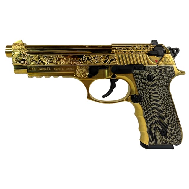 EAA GIRSAN 390088 Regard MC Deluxe 9mm Luger 18+1, 4.90" Stainless Steel Barrel, Gold Plated Serrated w/Engraving Steel Slide & Aluminum Frame w/Picatinny Rail, Black G10 Grip, Ambidextrous