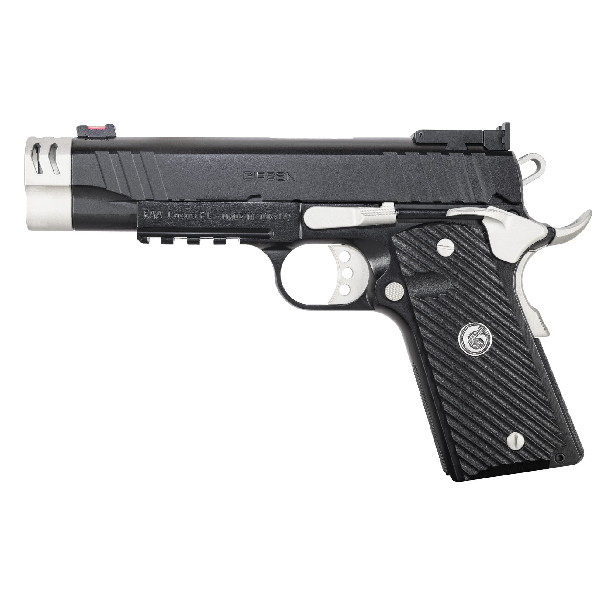 EAA GIRSAN 390616 MC1911 C  Carry Frame 10mm Auto 9+1, 4.40" Black Compensated Barrel, Black Serrated Steel Slide & Frame w/Beavertail & Picatinny Rail, Checkered Laminate Grip, Ambidextrous