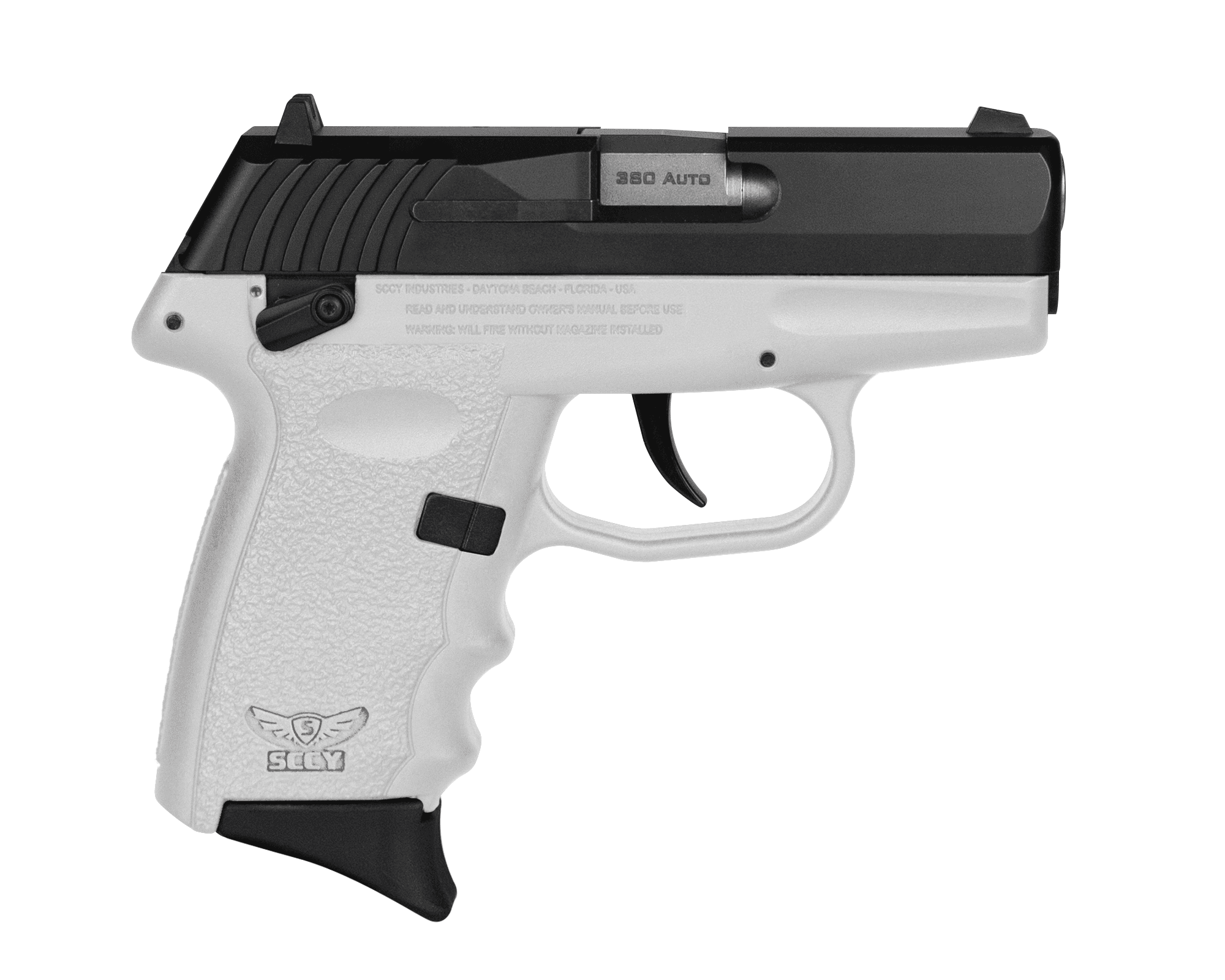 SCCY Industries CPX-4CBWT CPX-4  380 ACP 10+1 2.96" White Polymer Serrated Black Nitride SS Slide Finger Grooved White Polymer Grip