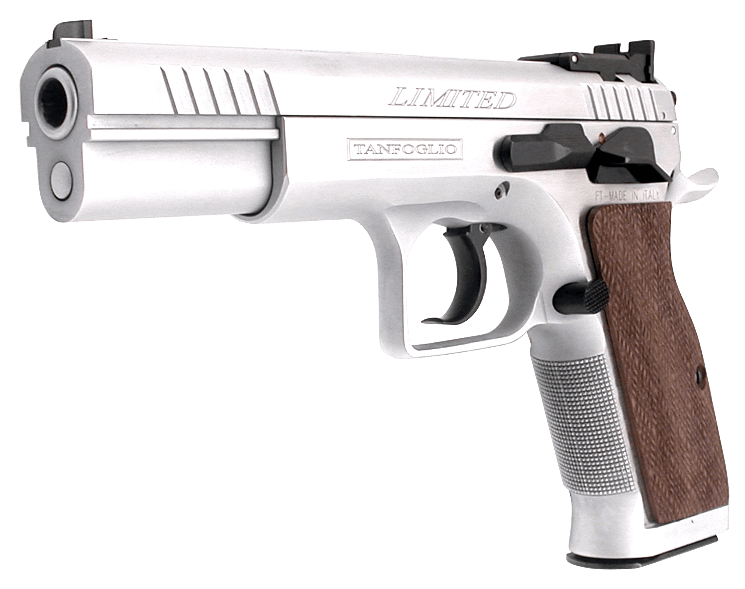 Tanfoglio IFG TF-LIMPRO-40SF Defiant Limited Pro 40 S&W Caliber with 4.80" Barrel, 12+1 Capacity, Overall Hard Chrome Finish Steel, Beavertail Short Frame, Serrated Slide & Brown Polymer Grip