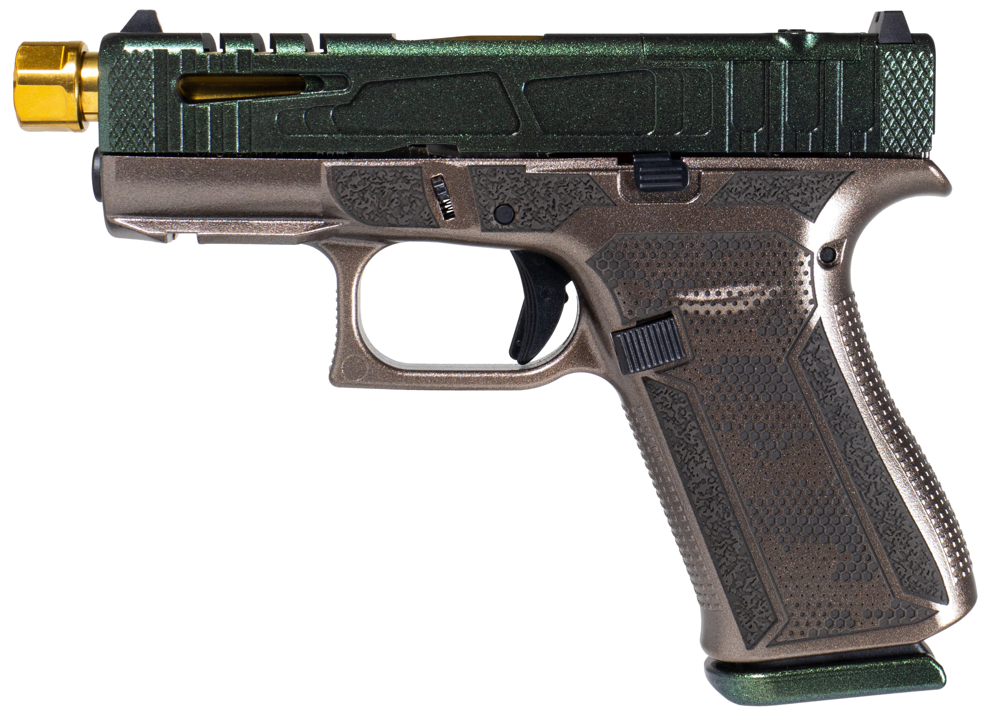 Glock G43X 9mm Luger 3.4in 10rd Green Slide Flat Dark Earth Frame Gold Barrel