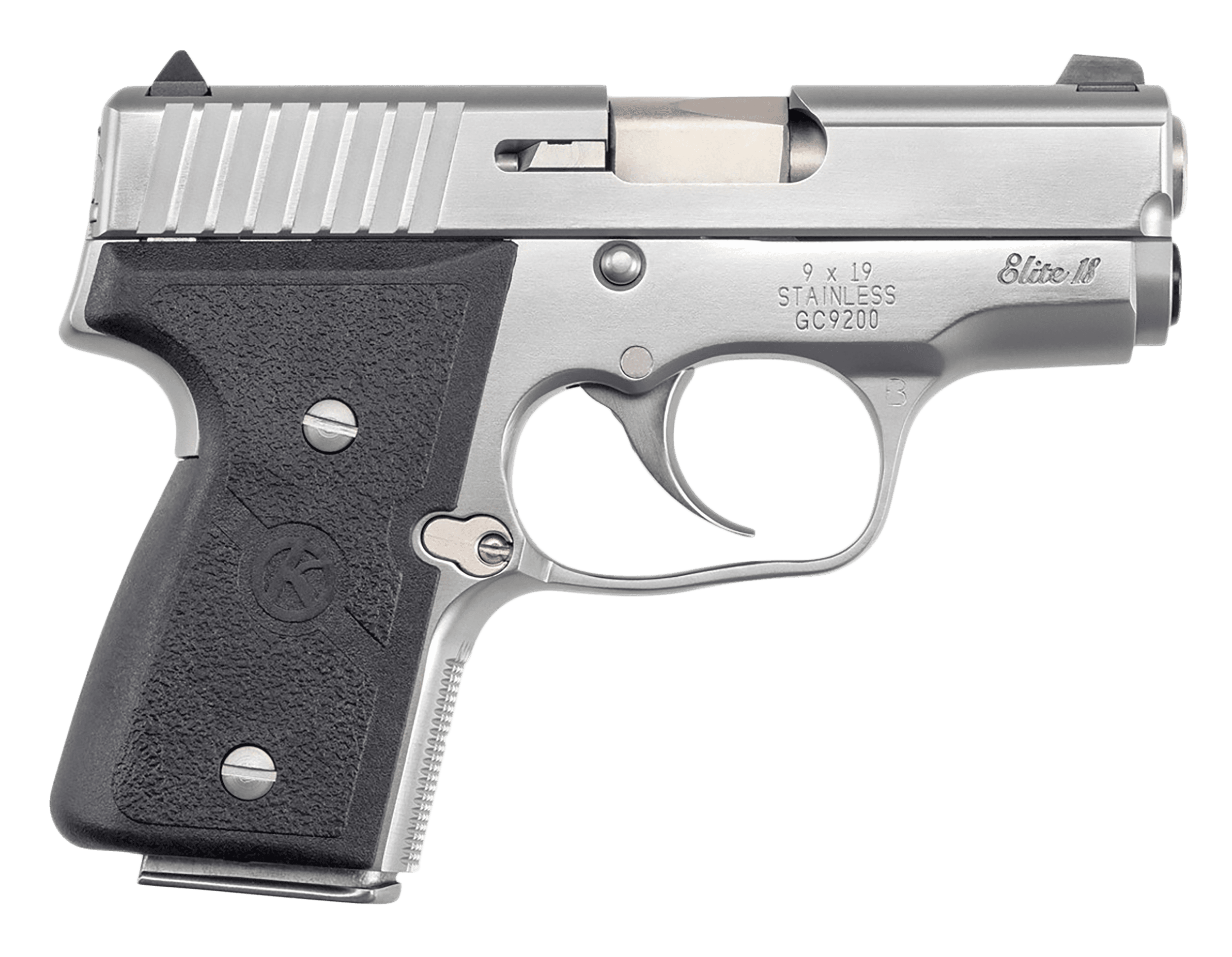 Kahr Arms M9098A MK Elite 9mm Luger Caliber with 3" Barrel, 6+1 or 7+1 Capacity, Overall Polished Stainless Steel, Serrated Slide & Textured Wraparound Black Nylon Grip
