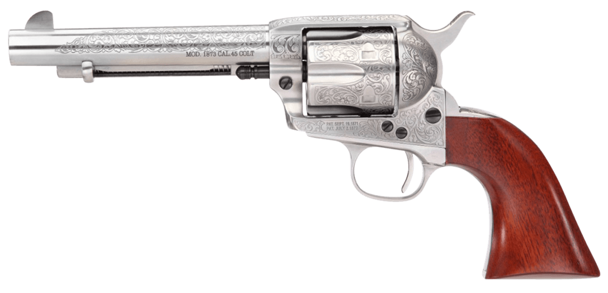 Taylors & Company 550929 1873 Cattleman 357 Mag Caliber with 5.50" Barrel, 6rd Capacity Cylinder, Overall White Floral Engraved Finish Steel & Walnut Grip