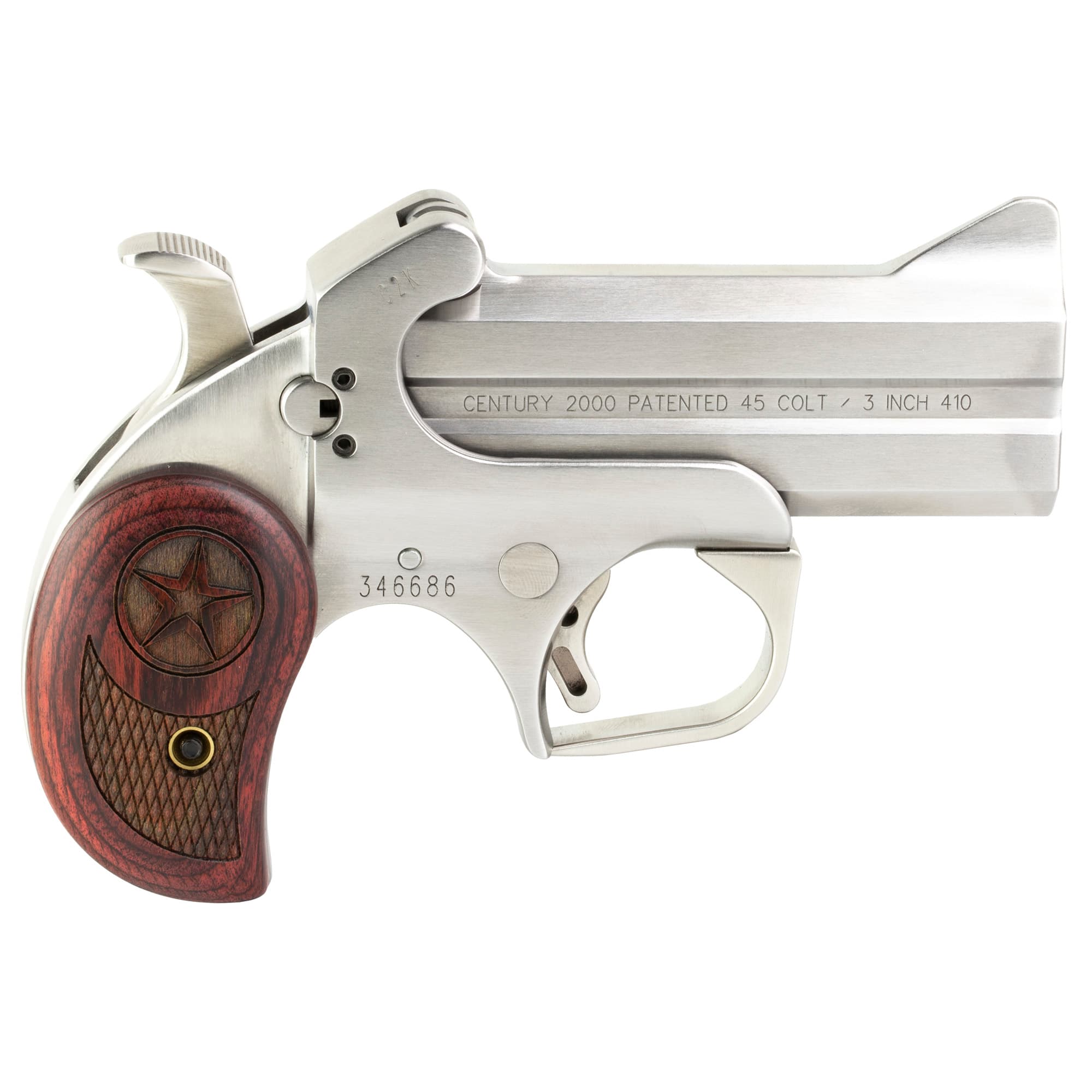 Bond Arms BAC2K Century 2000 45 Colt (LC)/410 Gauge 2rd 3.50"  Stainless Steel Double Barrel & Frame, Auto Extractor & Rebounding Hammer, Blade Front/Fixed Rear Sights, Rosewood Grip, Manual Safety