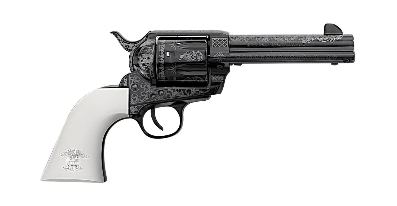 Traditions SAT73122LIB 1873 Liberty 45 Colt (LC) 6rd 4.75" Blued Engraved Steel White PVC Grip